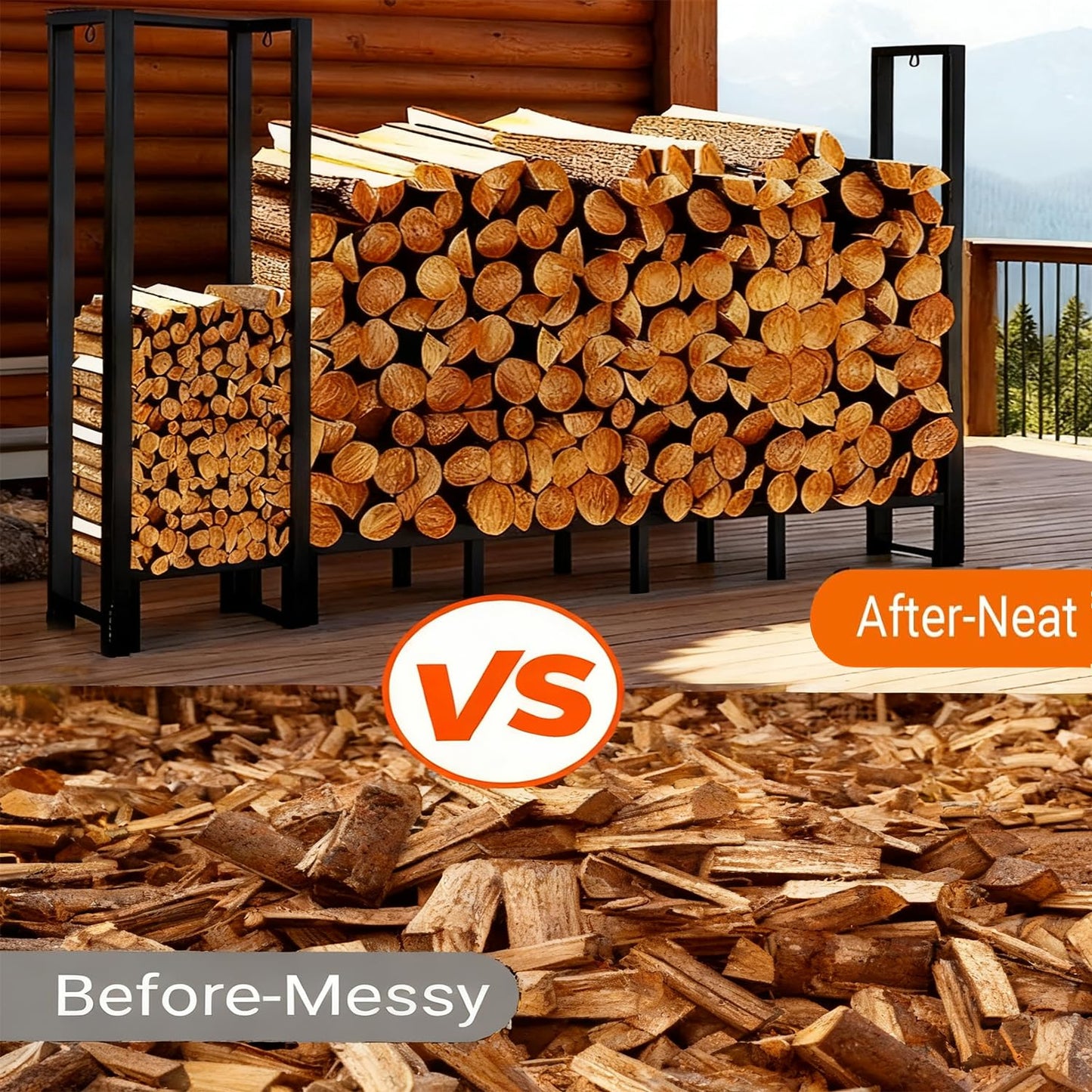 Shomextol 8ft Large Firewood Rack Outdoor, Heavy Duty Metal Wood Rack with Kindling Storage - For Indoor & Outdoor Fireplace, Wood Pile Organizer,Black