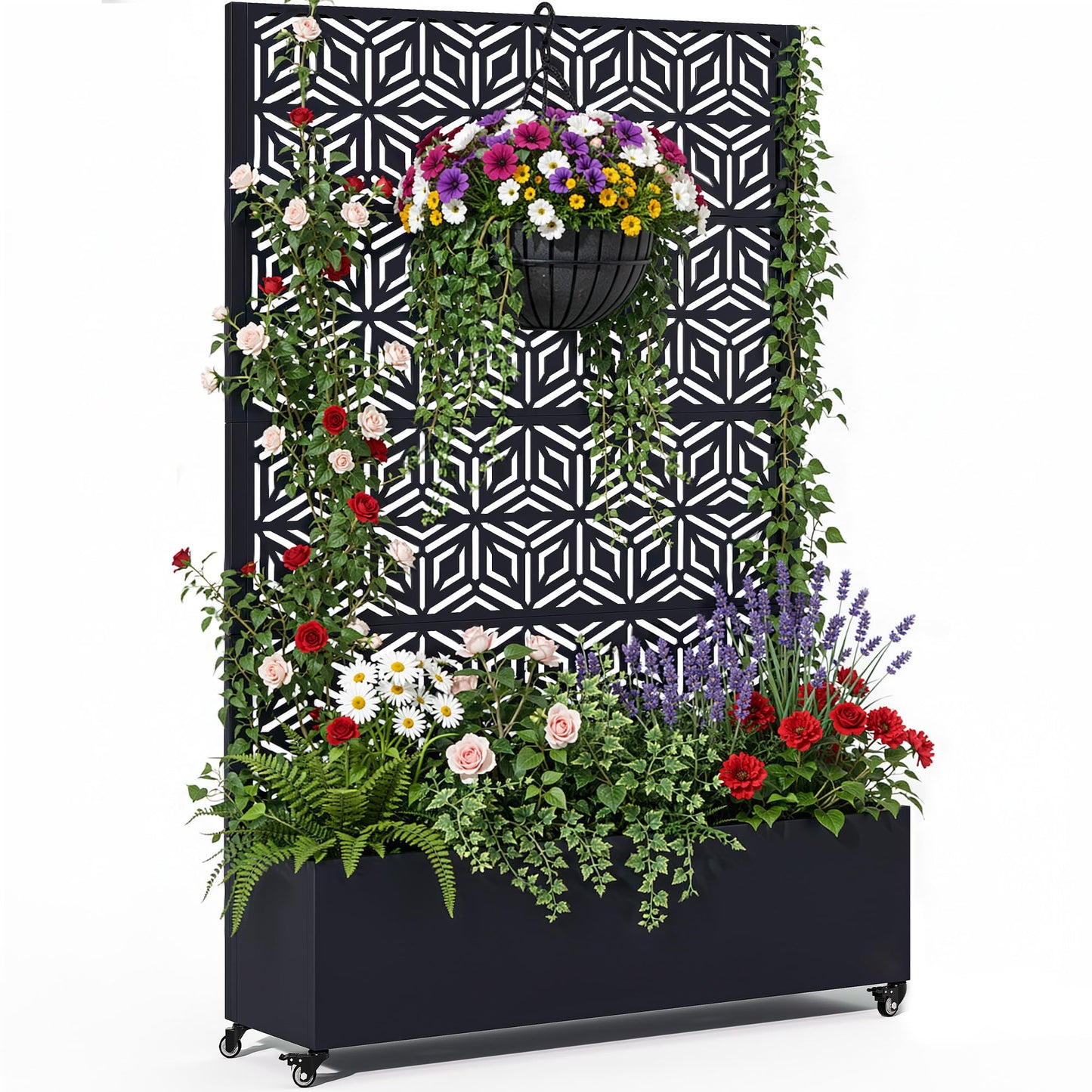 Ultym Metal Planter Box with Trellis 73"x47"x16", Galvanized Steel Raised Garden Bed with Privacy Screen, Lockable Casters, Planter with Drainage Holes for Outdoor Climbing Plants, Vegetables, Patio
