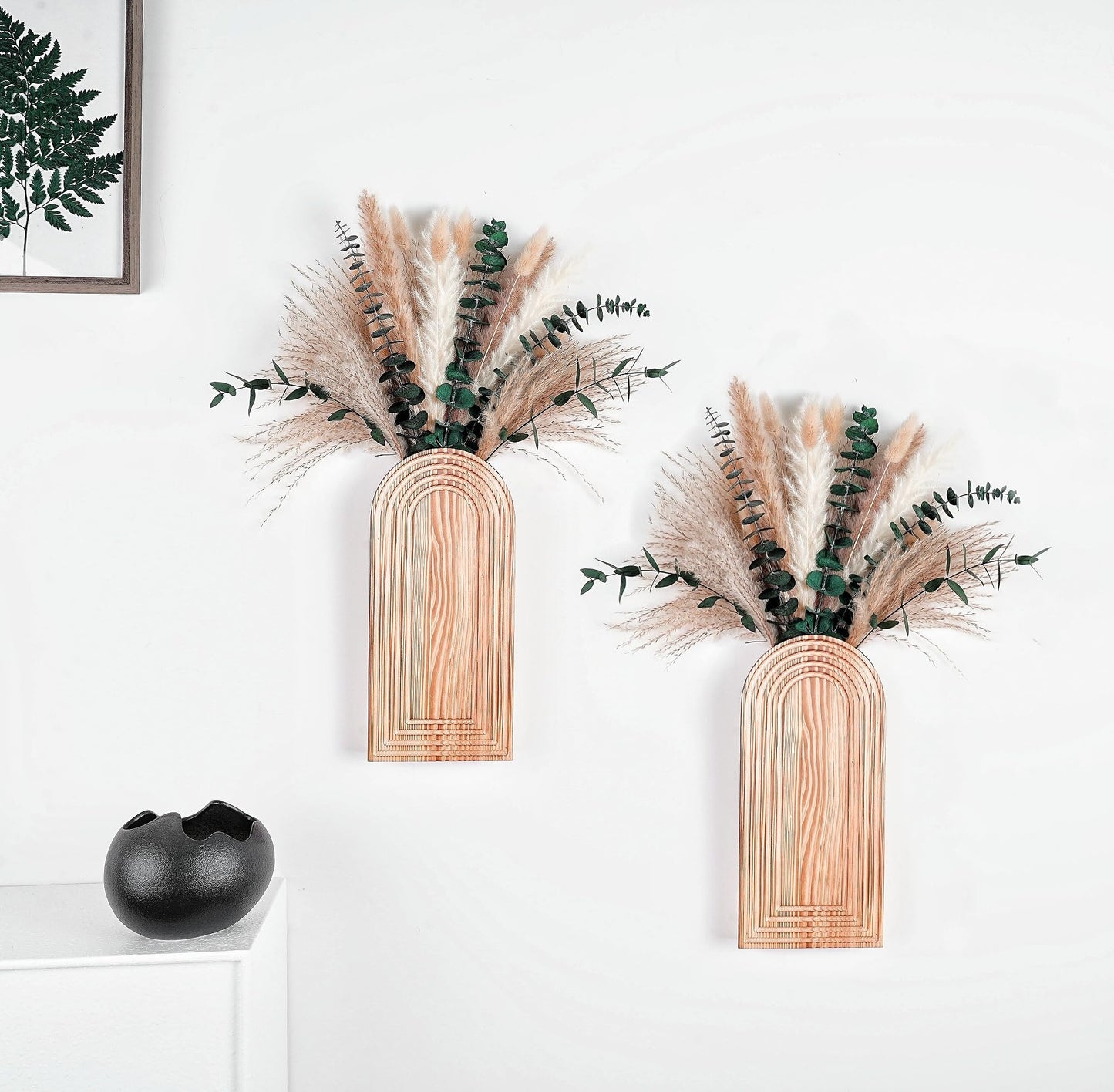 Set of 2 Wooden Vases with Pampas Grass and Eucalyptus – Boho Decor for Living Room, Modern Farmhouse Entryway or Bathroom, Rustic Art for Home Decoration
