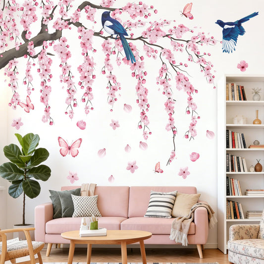Cherry Blossom Wall Decals Stickers - Tree Floral Birds Wall Stickers Spring Pink Peel and Stick Wall Murals Decor for Living Room Bedroom
