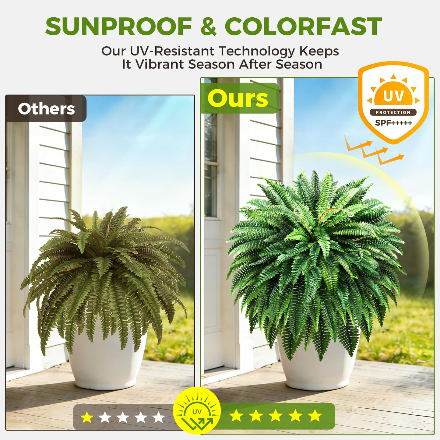 Suntee 2 Pack 48" Large Artificial Ferns, 3 Pack Tomato Cage with 10 Gallon Grow Bags