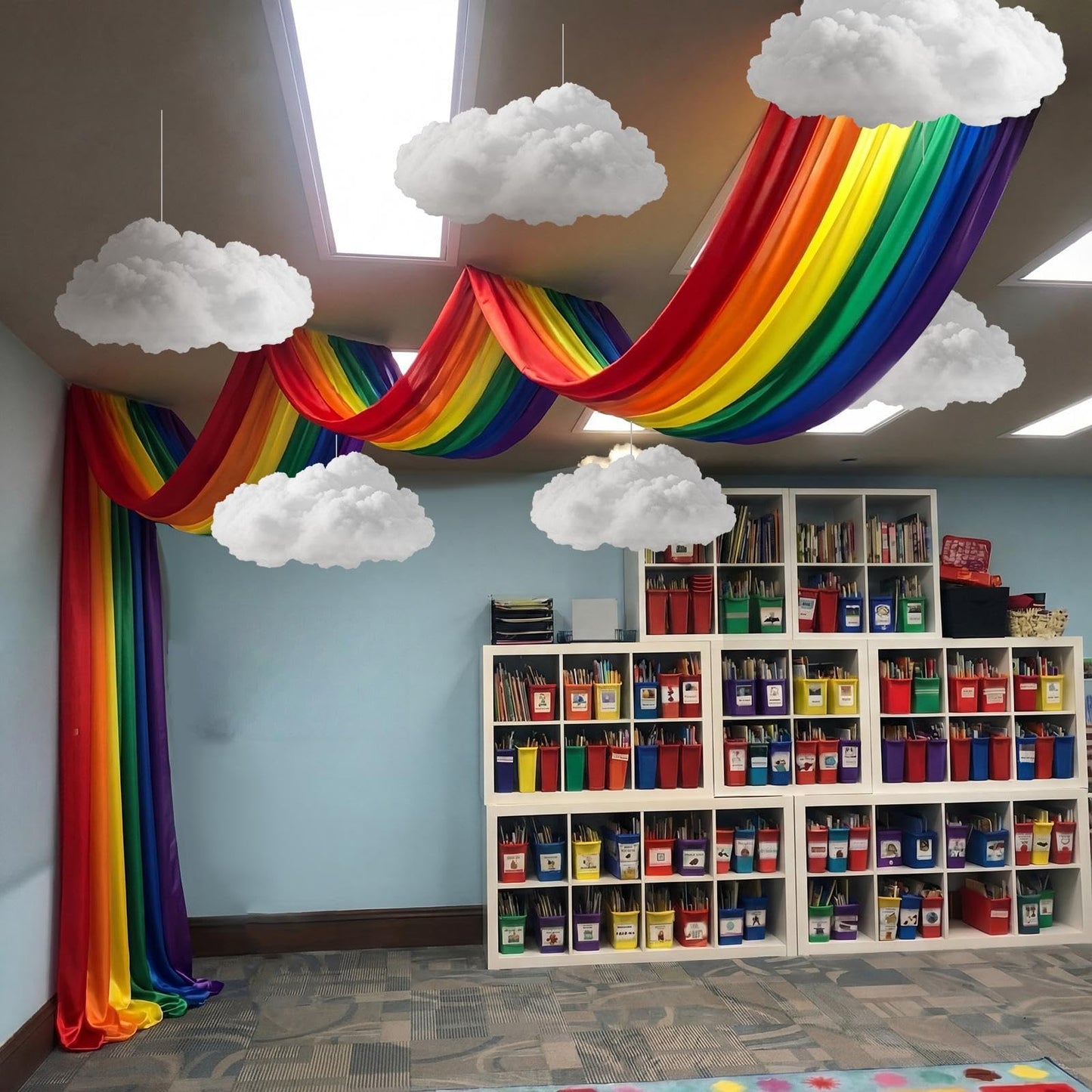 Teyva Daily 7 Pcs Rainbow Party Ceiling Decorations Kit 13.12 x 4 ft 3D Rainbow Ceiling Hanging Bunting Banner Decorations with 6 Pcs Clouds Hanging Decor for Classroom Birthday Nursery Daycare Decor