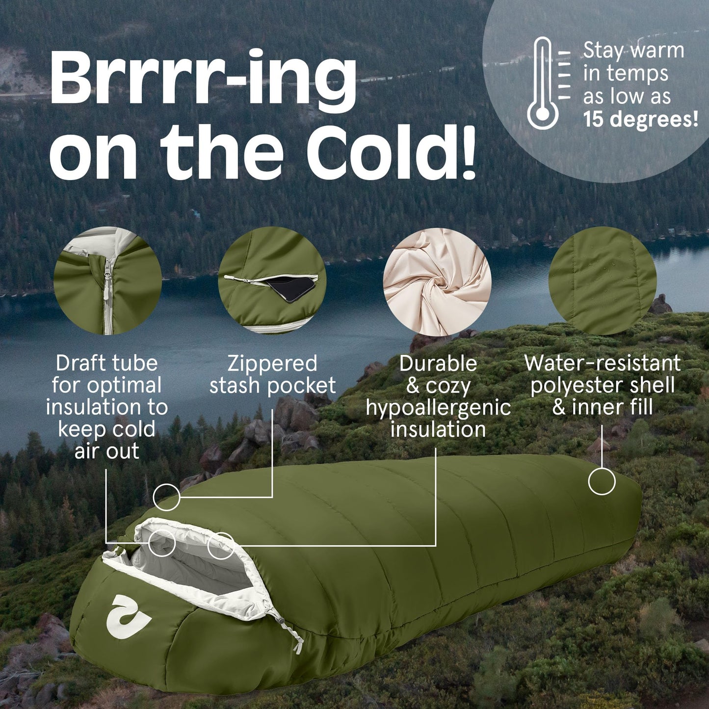 Retrospec Dream 15 Sleeping Bag - Mummy Sleeping Bag for Camping, Insulated Cold Weather, Water-Resistant and Adjustable Draw Cords