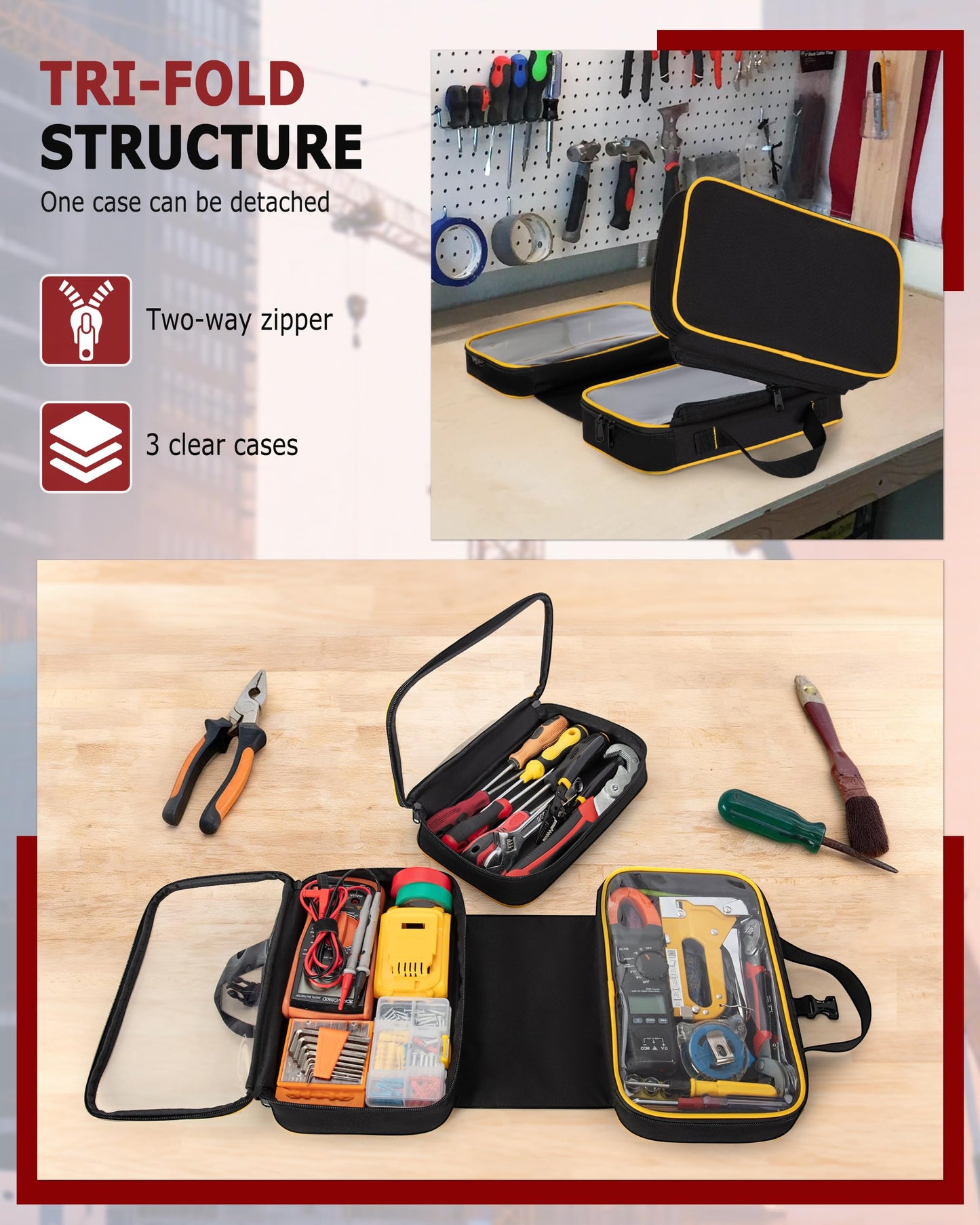Marscamd Roll Up Tool Bag with 3 Clear Window Cases (One Detachable), Tri-fold Tool Bag Organizer for Hand Tools, Black