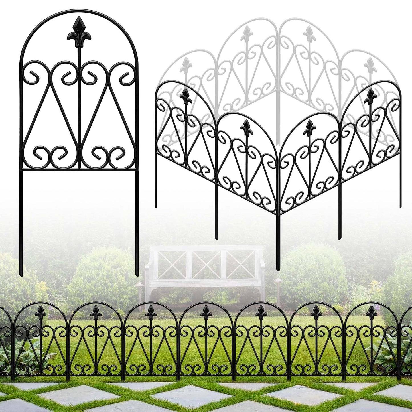 HIHADUUM 24.5in (H) x 10.8ft(L) Decorative Garden Fence, 10 Pack Heavy Duty No Dig Fence for Dogs, Metal Arched Garden Fencing Barrier Outdoor Fencing for Flower Beds, Patio & Yard Decor