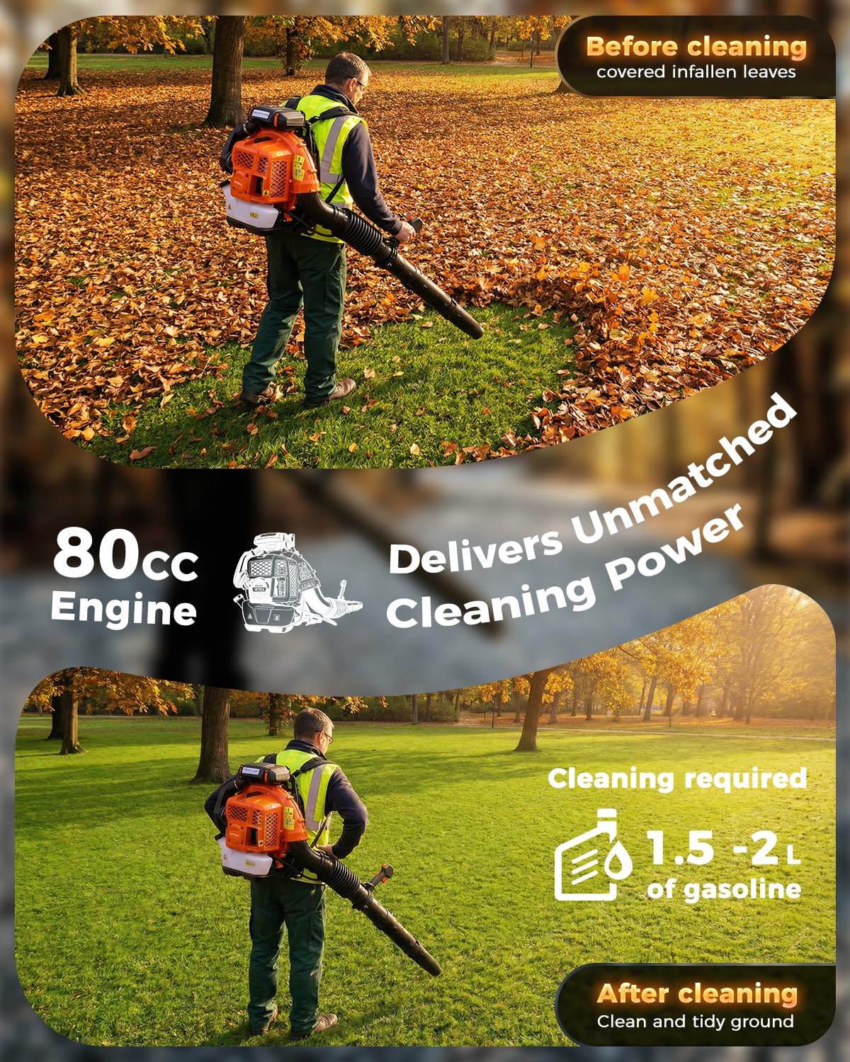 Getell 80cc Gas Backpack Leaf Blower, 900CFM 206MPH 2-Stroke Engine, Heavy-Duty Leaf & Snow Blower for Lawn, Garden & Commercial Use (Orange)