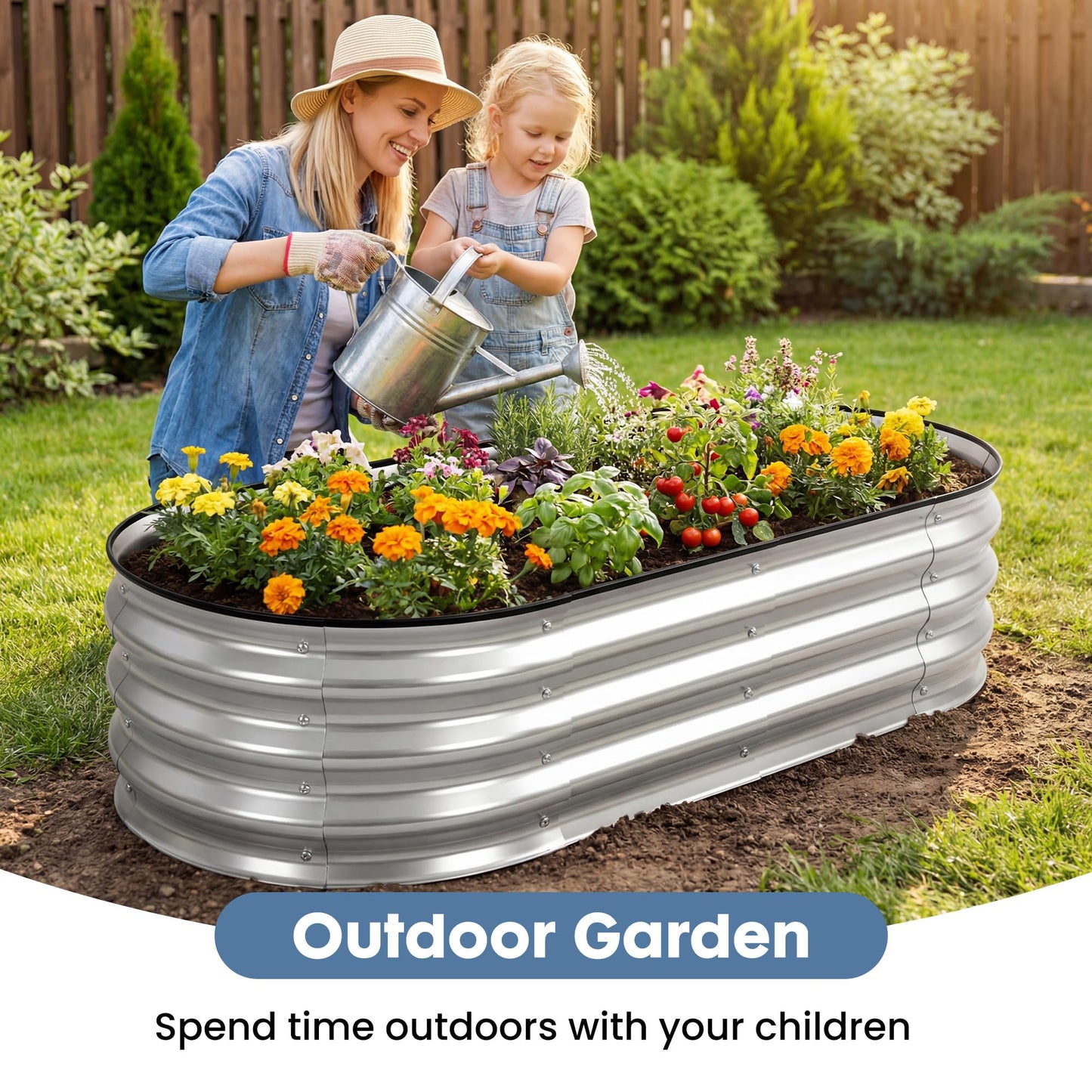 DUMOS 4x2x1ft Oval Galvanized Raised Garden Beds, Outdoor Planter Box with Open Bottom, Metal Garden Bed for Vegetables/Herbs/Flowers, Rustproof Flower Bed for Backyard/Patio, Silver