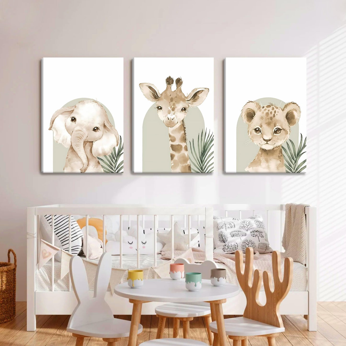 Nursery Wall Decor Set of 3, Cute Animal Lion Elephant Baby Pictures Poster Prints, Giraffe Jungle Canvas Wall Art Woodland Nursery Decor for Boys Girls Room Decoration 12x16 inch Framed