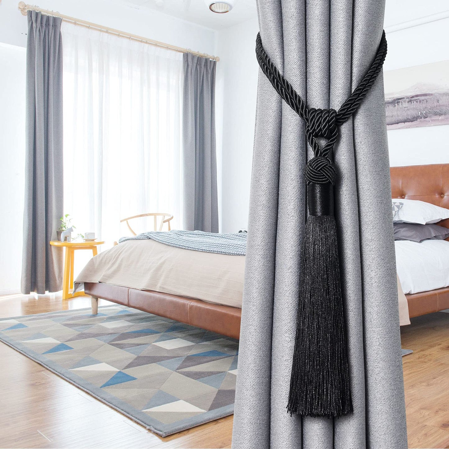 NICEEC 2 Pack Long Tassel Curtain Tiebacks Handmade Braided Rope Knot Drape Tie Backs European Style Decorative Curtain Holdbacks for Home & Office Window Drapery (Black)