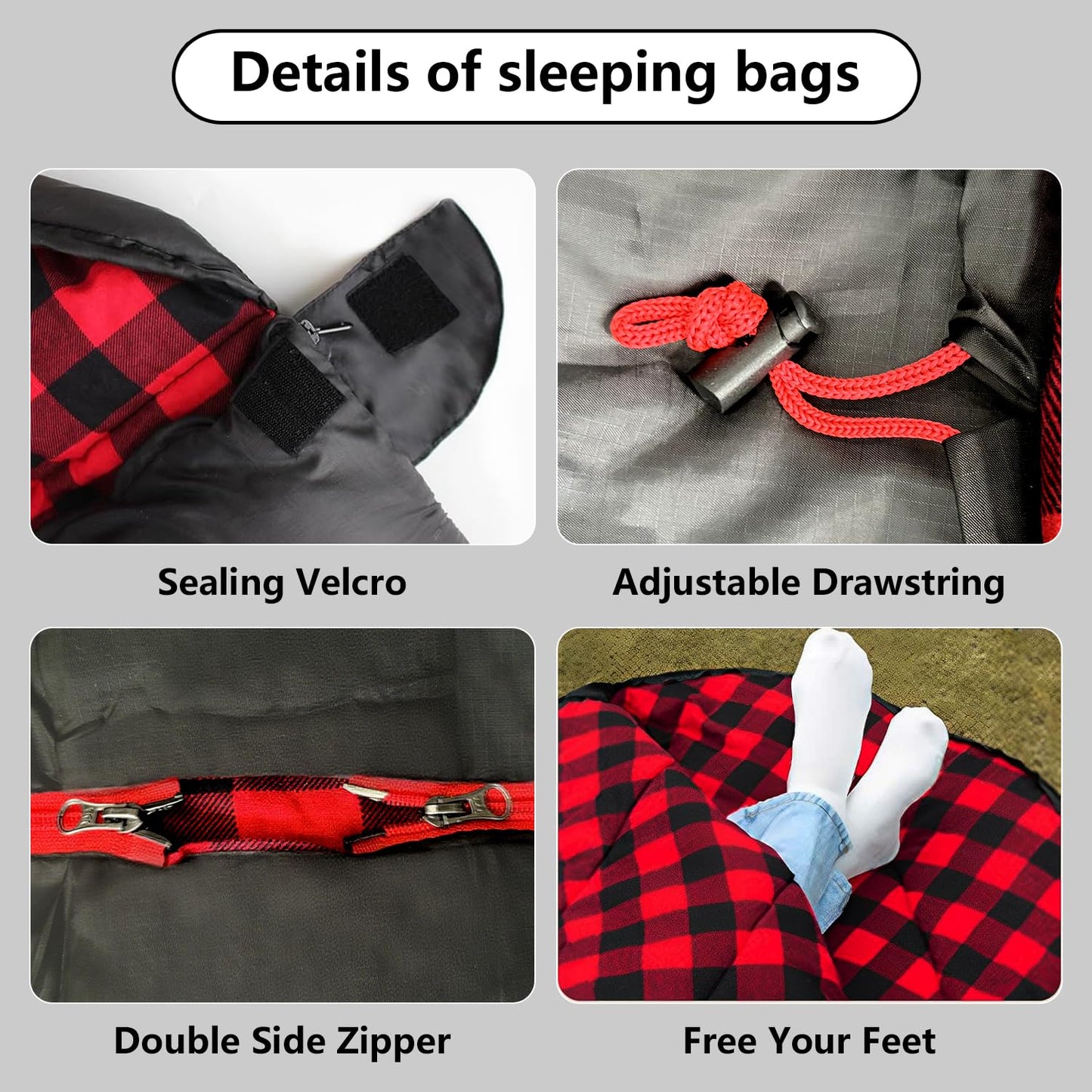ShinHye Double Sleeping Bag for Adults with 2 Pillows, Camping Sleeping Bags Flannel Cotton 2 Person Sleeping Bags XXL Queen Size Sleeping Bag for Cold Weather (Black Red, 92"×62")