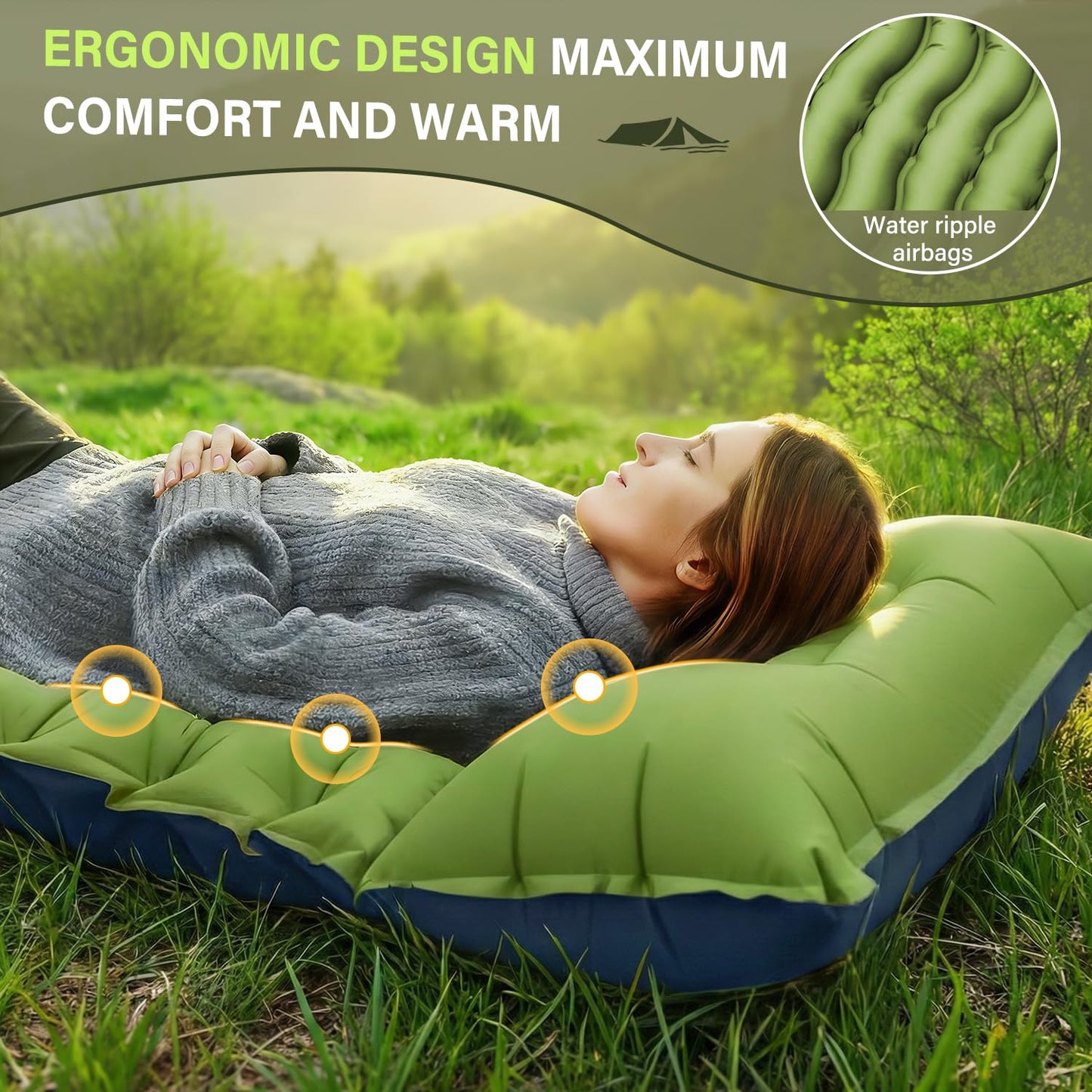 FUN PAC Camping Sleeping Pad, Ultralight Camping Mat with Pillow, Built-in Foot Pump Inflatable Sleeping Pads Compact for Camping Backpacking Hiking Traveling Tent,Single,Green
