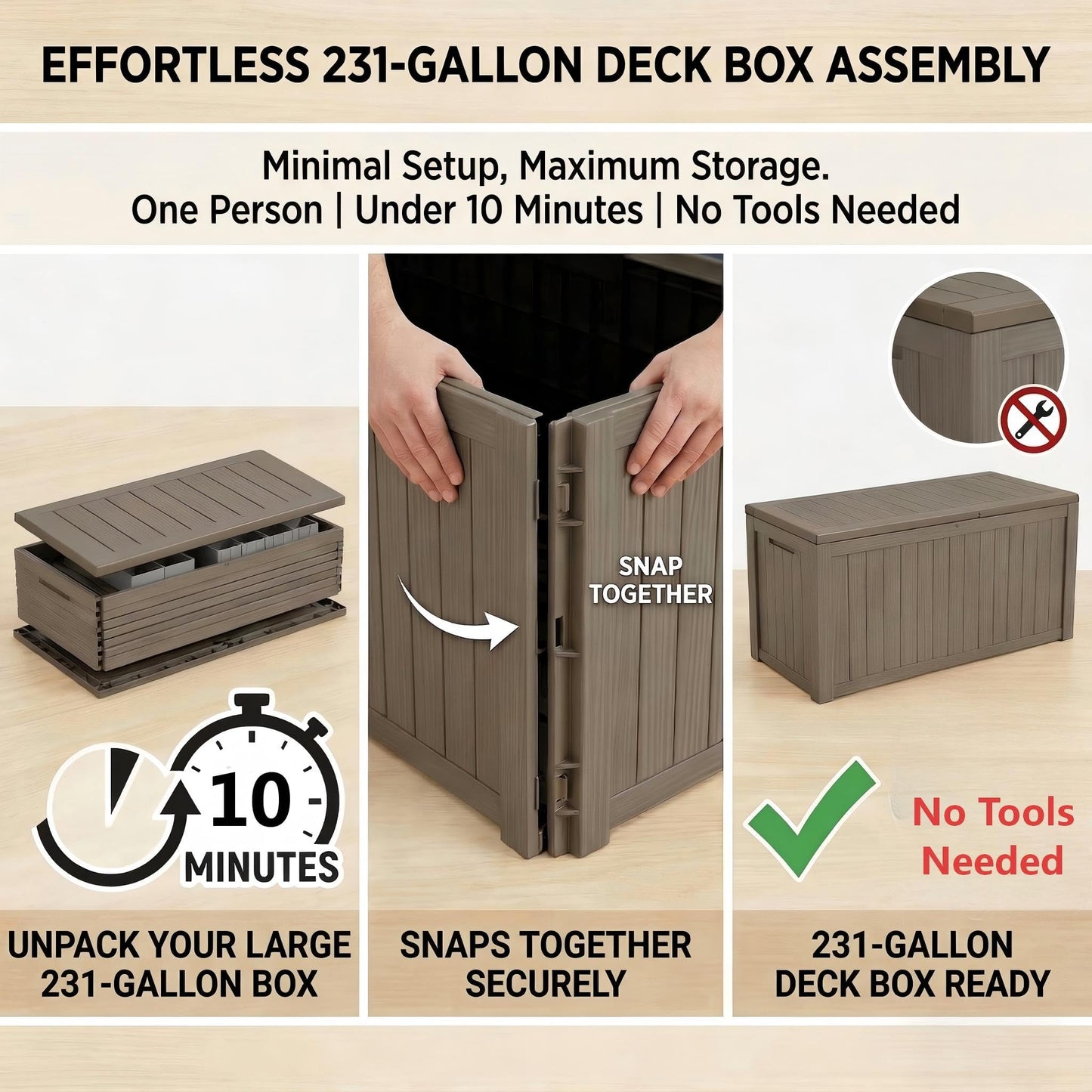 Large 231 Gallon Resin Deck Box, Heavy Duty Lockable Patio Storage Box Outdoor, Waterproof Tool Box for Garden Furniture Cushions & Pool Supplies, Wood Grain Outdoor Storage Bench for Backyard