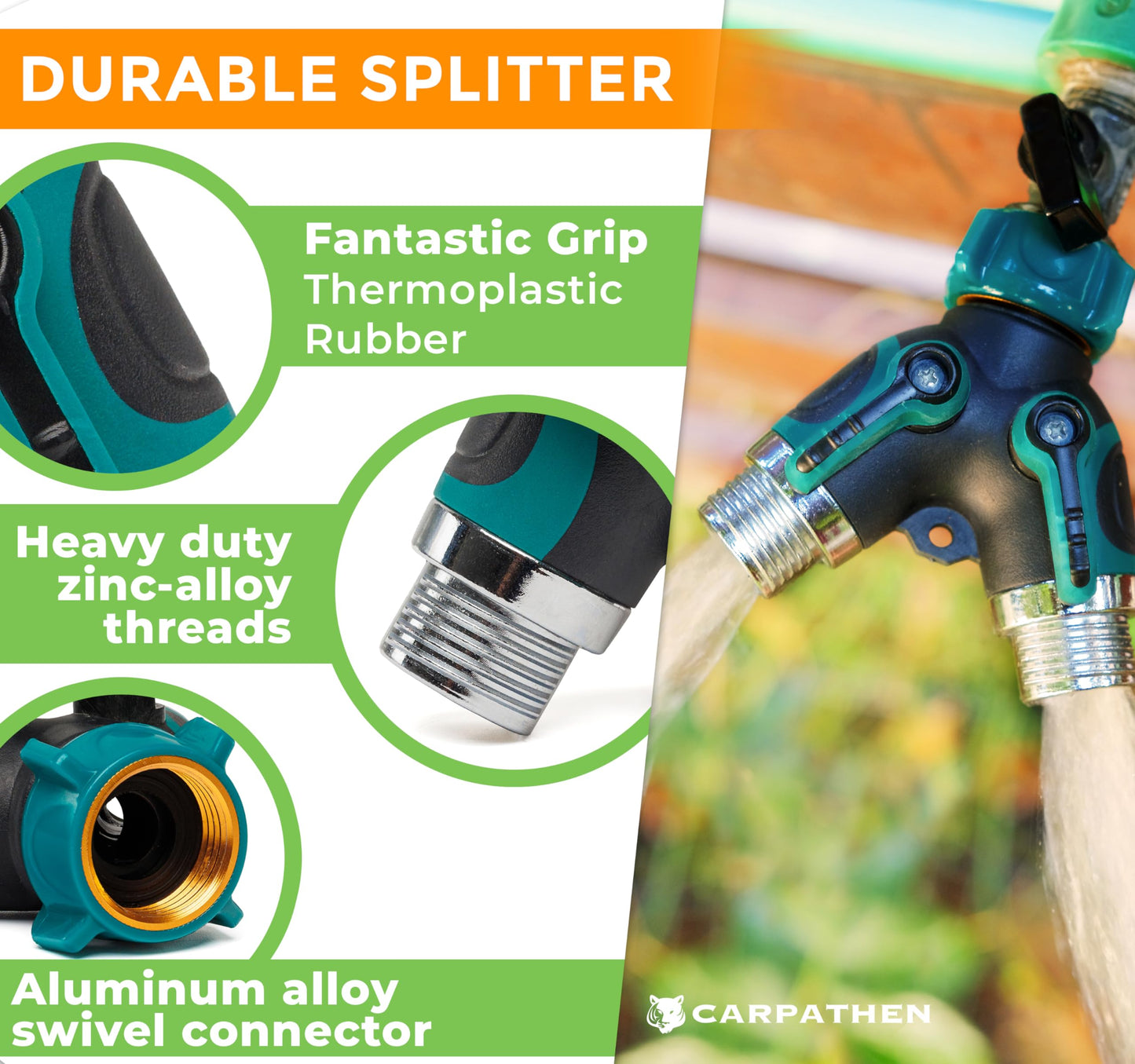 CARPATHEN Garden Hose Splitter 2Way - Heavy Duty Metal Body Durable 3/4" US Standard Garden Hose Splitter - Large Rubberized On/Off Levers - For Garden, Washing Machines, Indoor or Outdoor Faucets