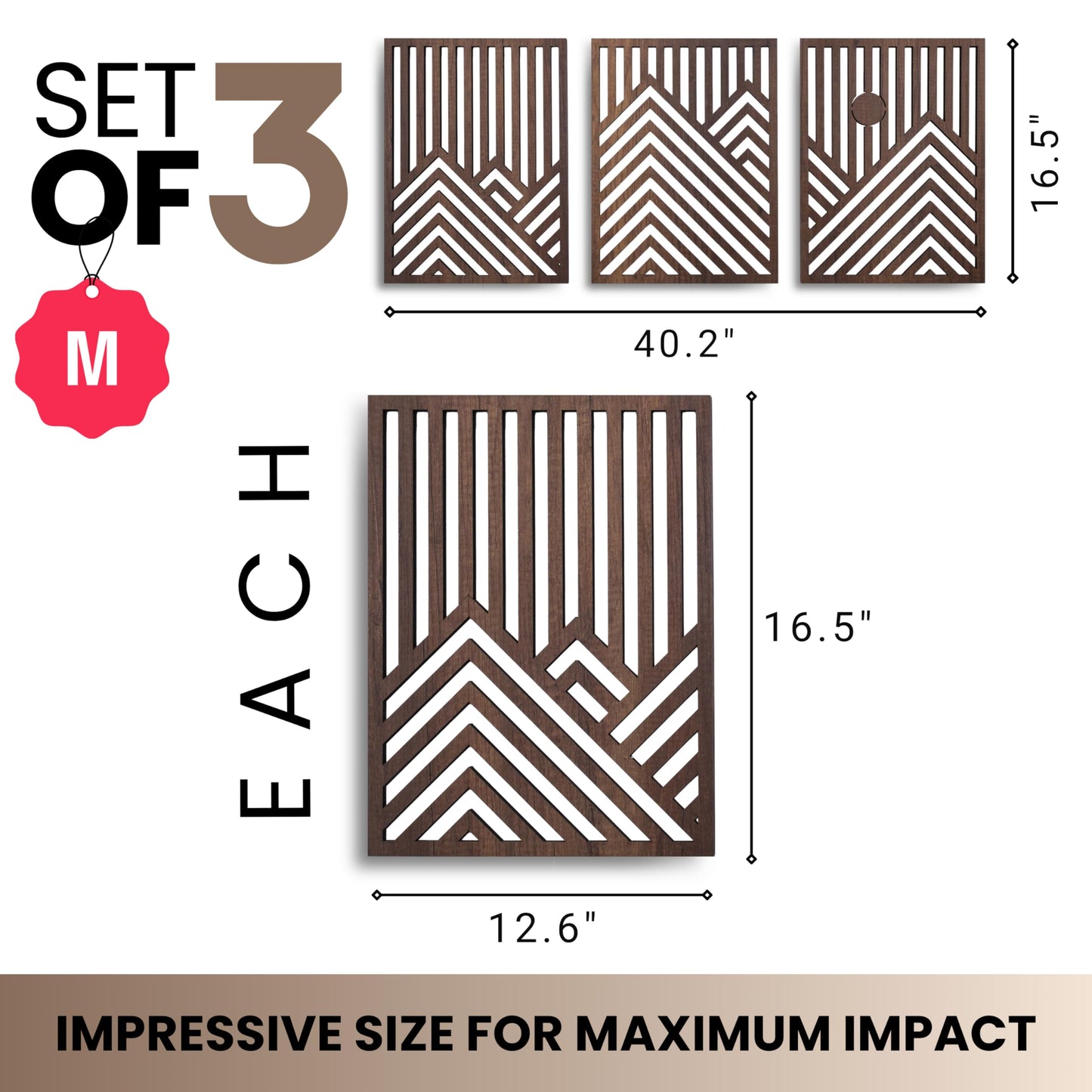 qmmp Modern Wooden Wall Sculptures - Set of 3 - Home Decor Accent - Large Wall Art for Living Room, Bedroom, Office - Easy Installation (Walnut, Medium - Mountain and Sun)