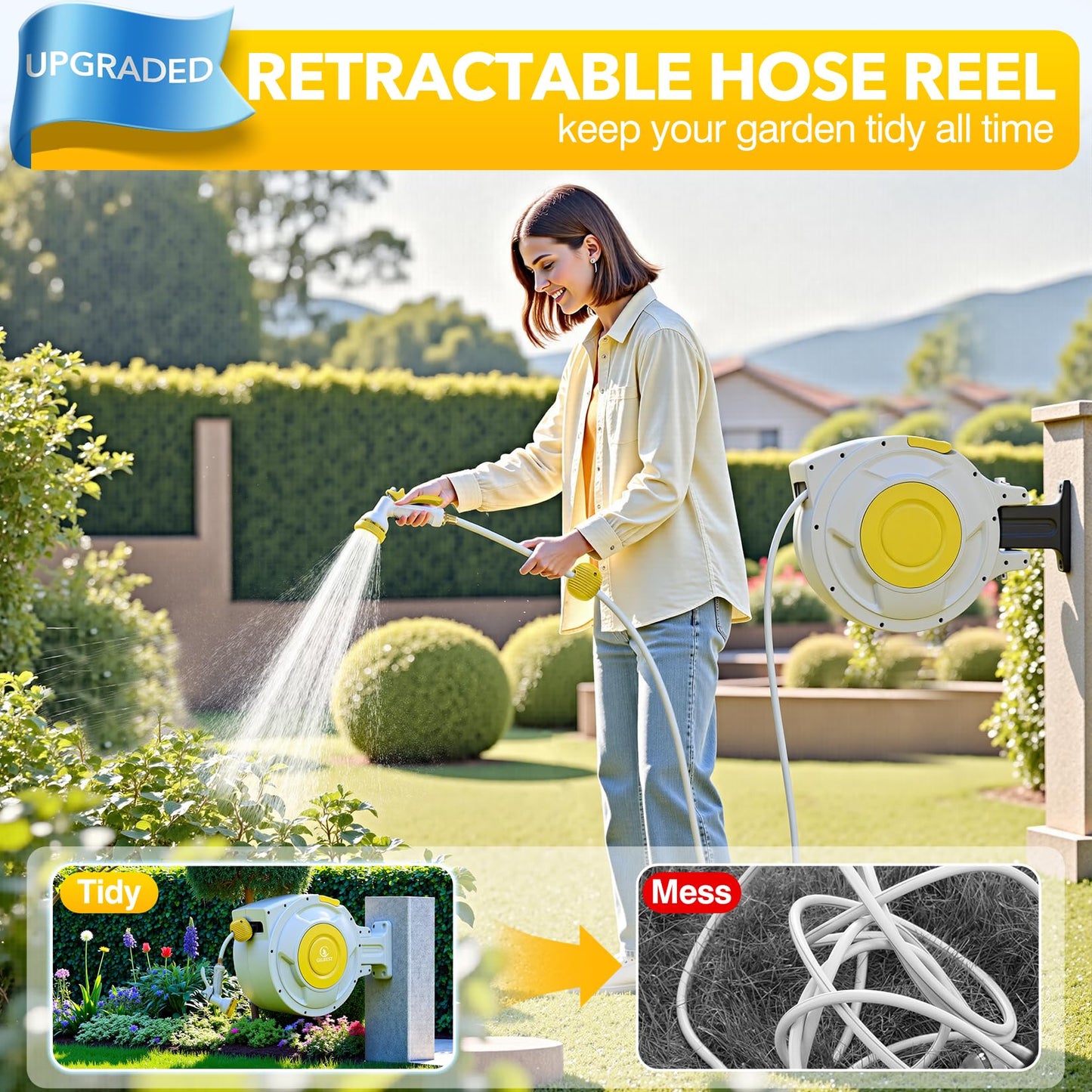 130 ft x 1/2" Retractable Garden Hose Reel, Heavy Duty Water Hose Reel Wall Mounted, Any Length Lock, 180°Swivel, Water Hose with 8-Function Nozzle for Cleaning, Watering (Yellow)