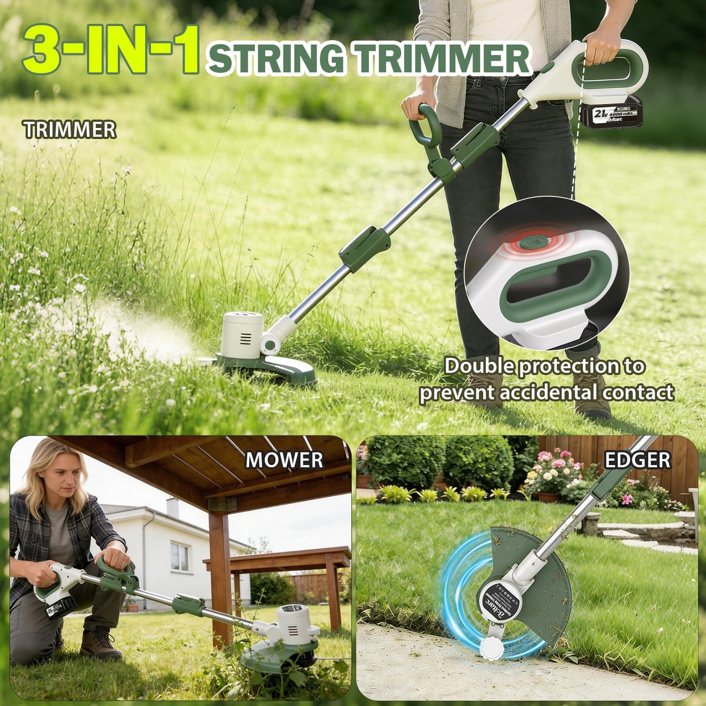 21V 3-in-1 Cordless Weed Eater-Weeding/Trimming/Lawn Mower, with 8 Replace Auto Line Feed, Electric Grass Trimmer for Garden, Lawn, 120 Mins of Non-Stop (2 * 4.0 mAh Battery & Charger Included)