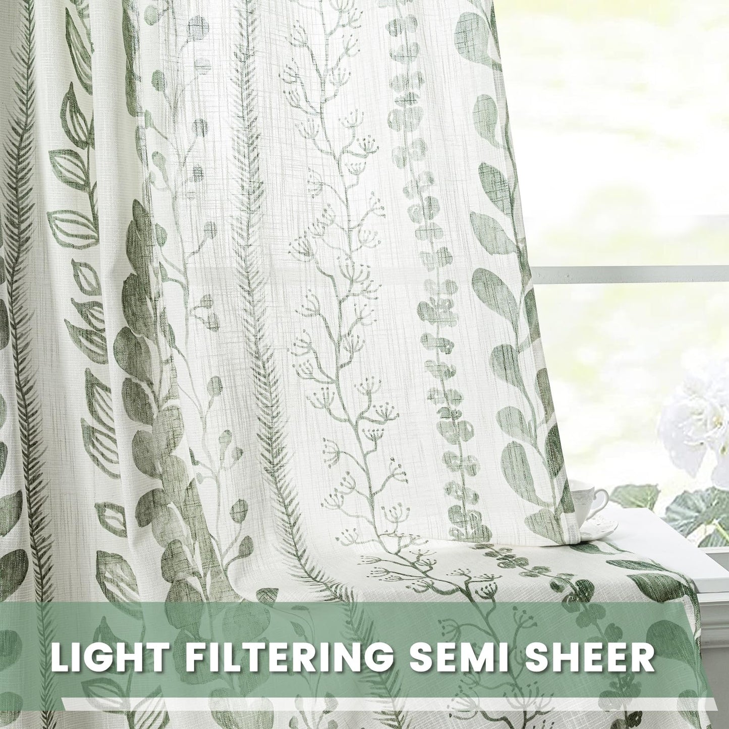 MEETSKY Sage Green Curtains 84 Inches Long 2 Panels Boho Curtains for Living Room Light Filtering Patterned Drapes for Bedroom Linen Style Back Tab Leaf Print Window Treatment, 50” Wide Each Panel