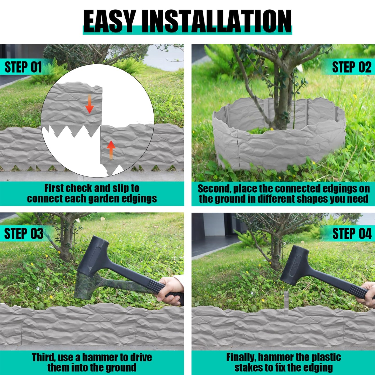 20-Pack No Dig Garden Edging Borders,20FT Plastic Lawn Edging with Spikes & Stone Texture - Easy Interlocking Landscape Edging for Yard, Flower Bed, Driveway, Heavy-Duty & Easy Install