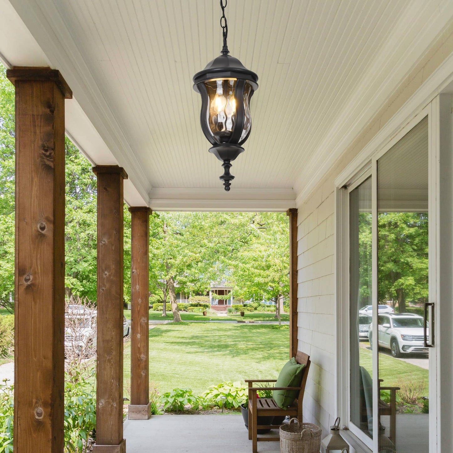 Smeike Large Outdoor Pendant Light Fixtures, 19.1'' Exterior Hanging Lantern Porch Light Adjustable, Black Hanging Lamp Farmhouse Exterior Chandelier Ceiling Mount for Entrance Patio