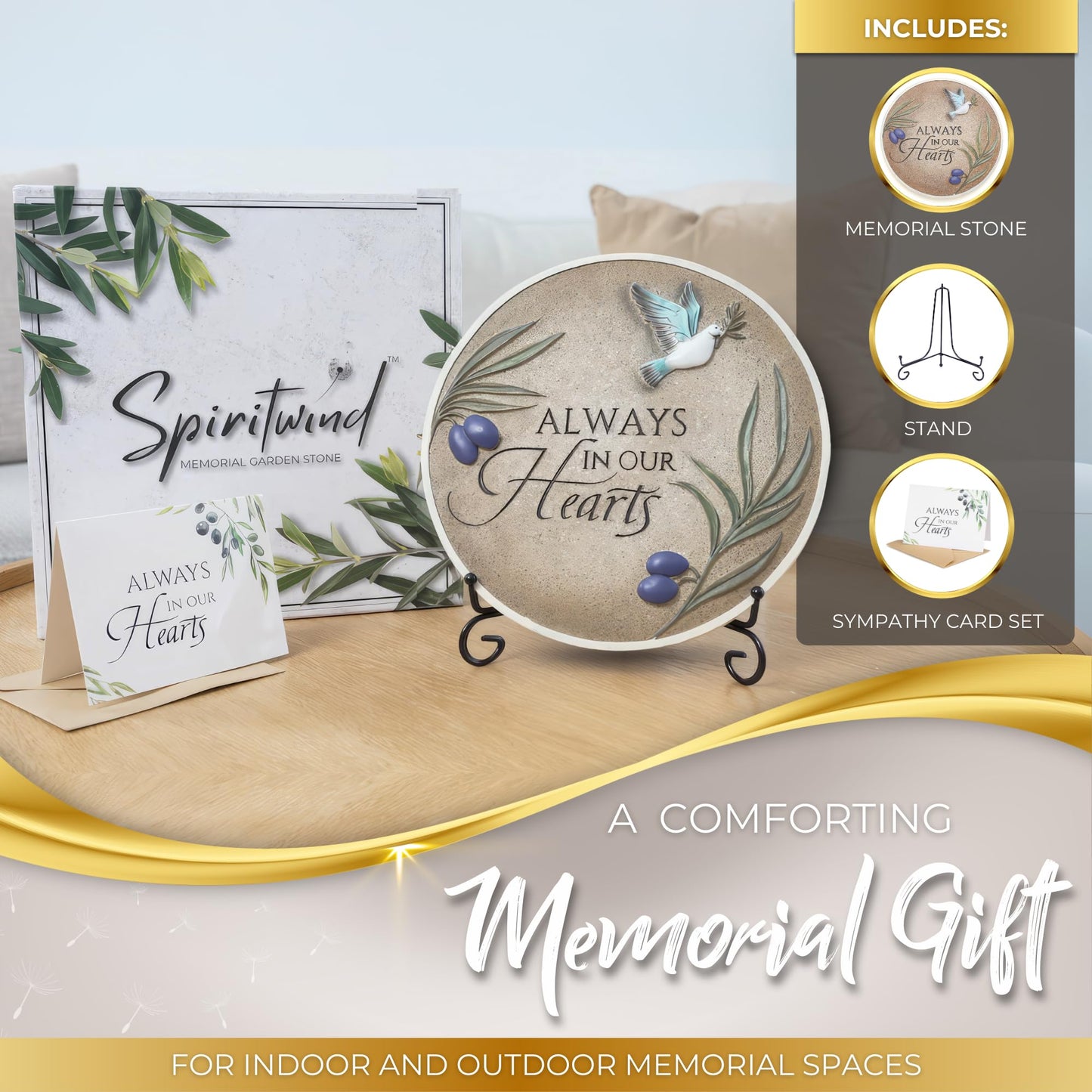 Stunning Garden Memorial Stone with Stand & Sympathy Card (10") - Artist Designed Peace Dove Amongst the Olive Branches - Ideal for Garden Decor, Memorial Gifts & Sympathy Gifts for Loss of Loved One