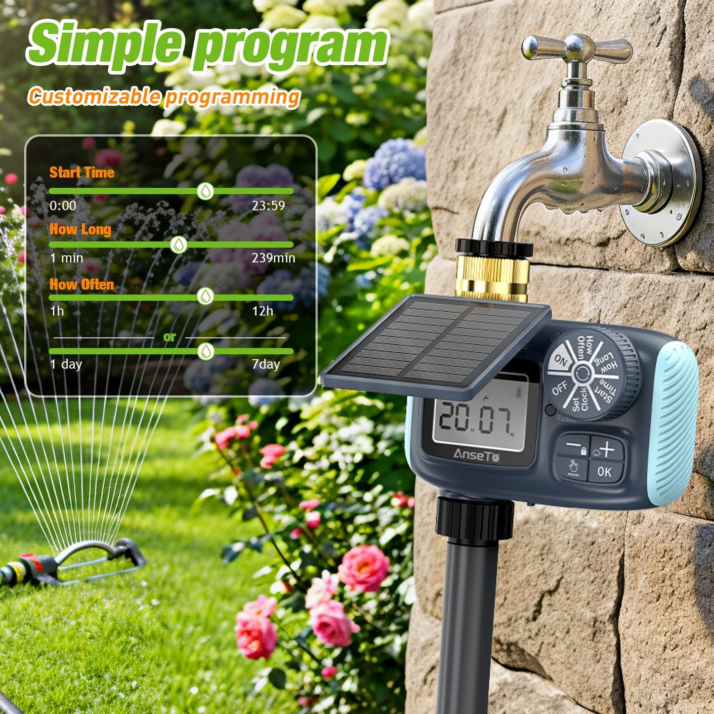 AnseTo Solar Sprinkler Timer, Solar & Type-C Rechargeable Water Timer for Garden Hose, Programmable Faucet System with Rain Delay/Manual/Auto Mode, Digital Irrigation Controller for Lawn/Yard/Pool