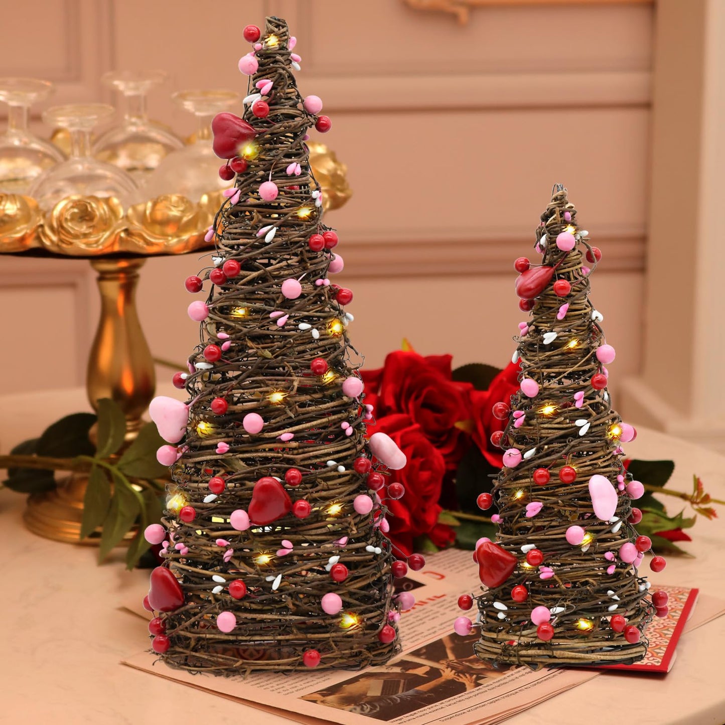 CRCZK Valentines Day Rattan Table Tree Decor with Lights Valentines Day Decorations 2Pack Lighted Tree with Red Heart&Berries Pink Table Centerpieces Valentine's Day Decorations Indoor Party Gifts
