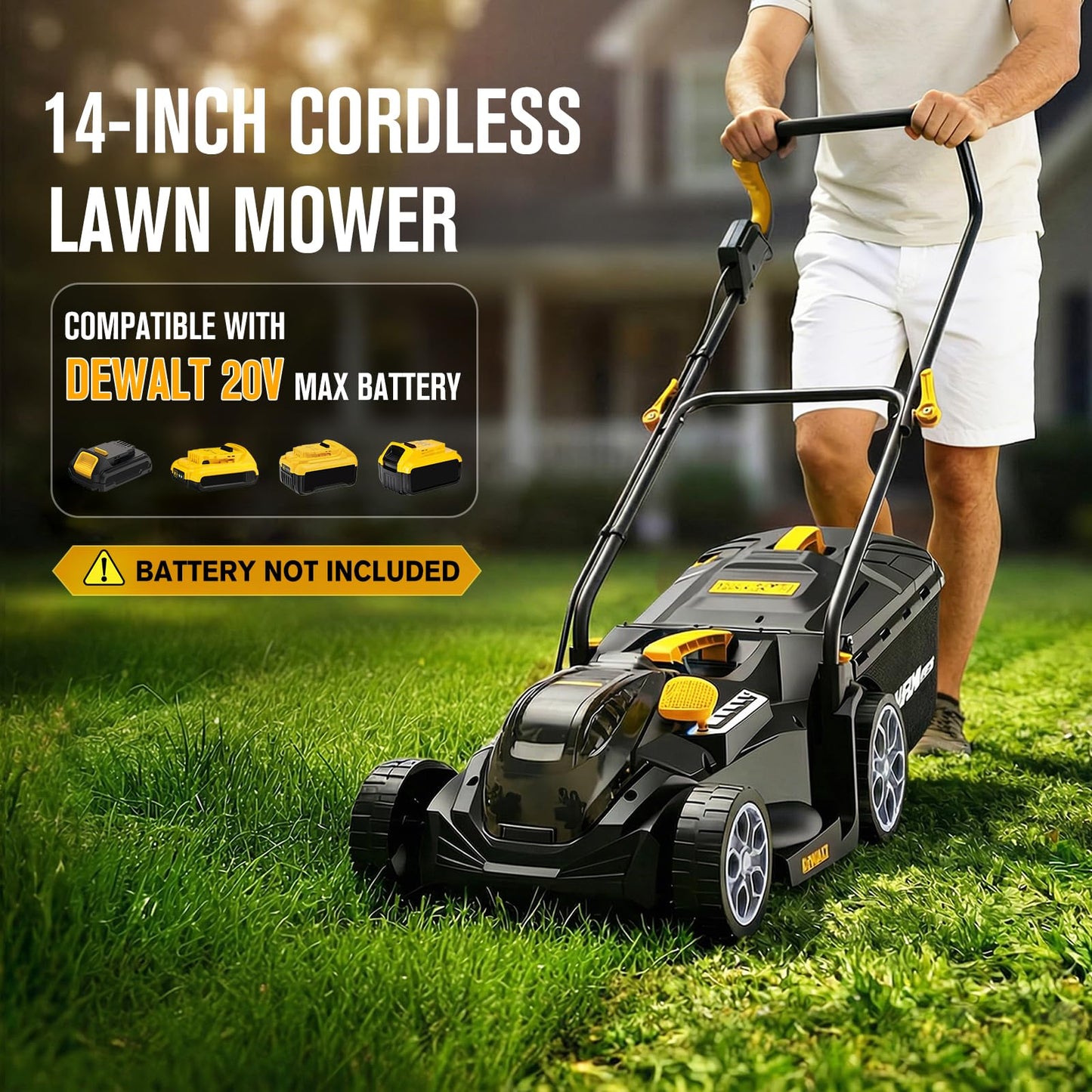 HEINPRO 14" Cordless Lawn Mower Compatible with Dewalt 20V MAX Battery, 2-in-1 Brushless Electric Lawn Mower for Small Yards, Push Mowers with 5-Position Height Adjustment, Black (Tool Only)