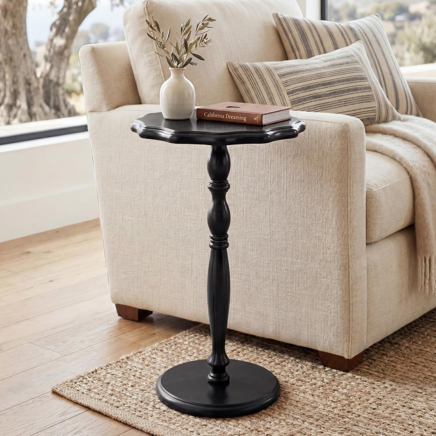 STO'SENSE Black Round Side Table, Drink Table for Small Spaces,Modern Accent Nightstand w/Solid Wood Leg, Mid-Century Pedestal Sofa Table w/Classic Sculpted Design for Living Room,Tool-Free Assembly