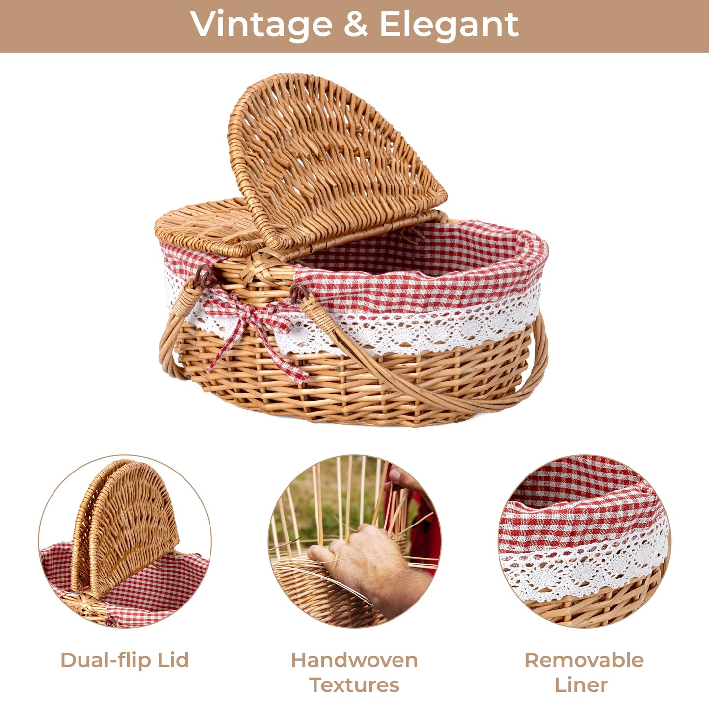 GRANNY SAYS Picnic Basket, Wicker Basket with Lid, Woven Cute Basket with Handle, Storage Basket with Washable Lining & Dual-Flid Lid, Natural Willow Picnic Hamper, Red Lining