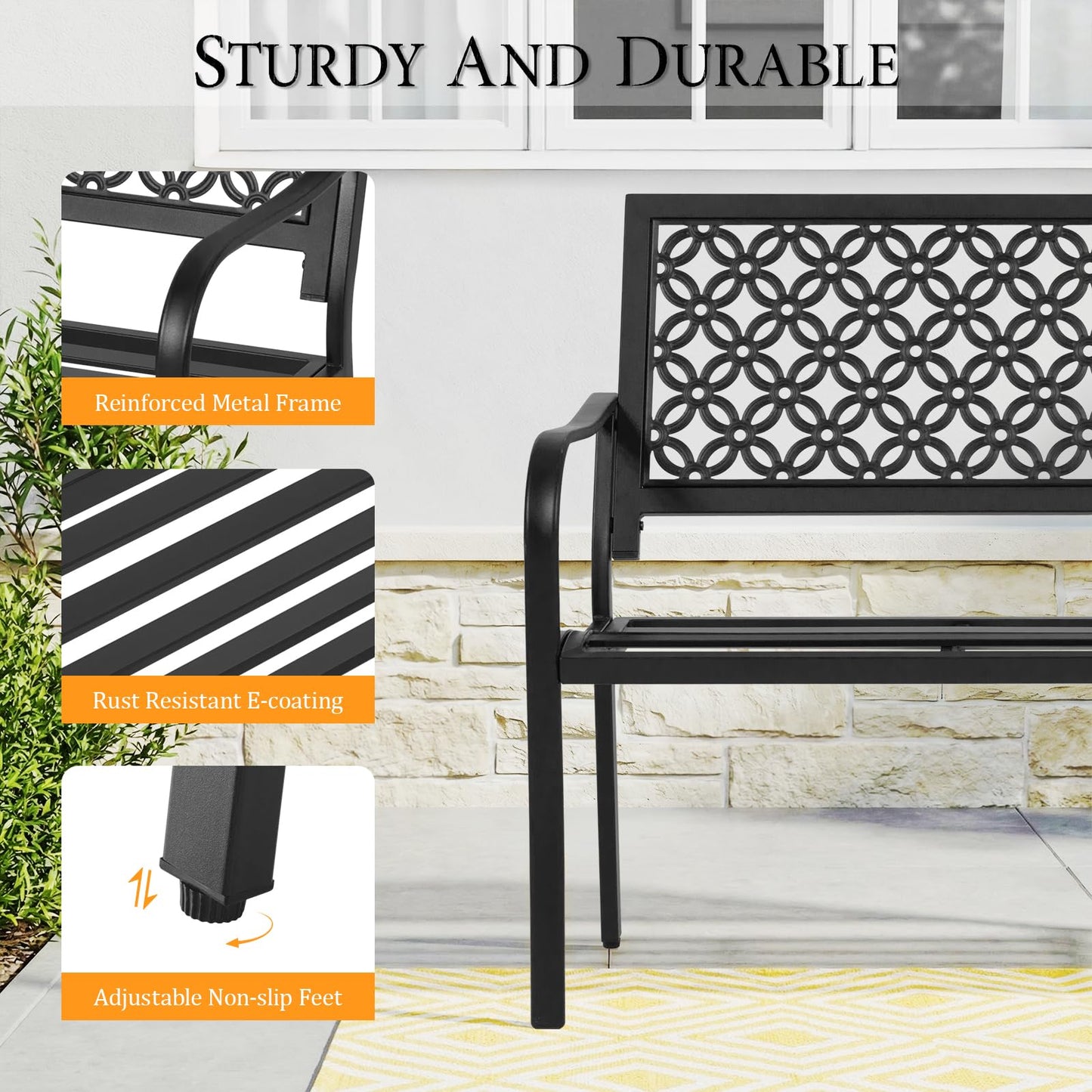 50" Outdoor Bench Weatherproof, 700 lbs Capacity Heavy Duty Garden Benches with Galvanized Metal Frame, Patio Bench with Floral Backrest, Patio Furniture for Porch, Park, Yard, Entryway, Black