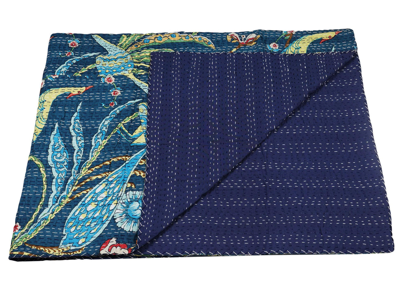 Marubhumi Indian Handmade Traditional Unique Print Kantha Quilt Throw Blanket Bespread Hand Stitched with Love (Navy, Queen (90"x 108"))
