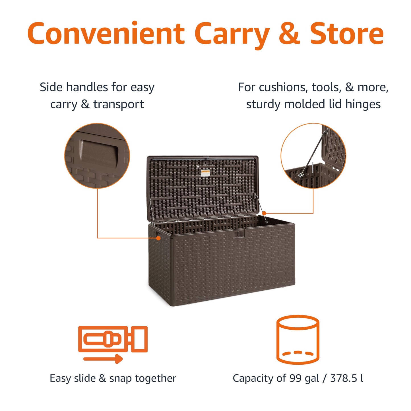 Amazon Basics Outdoor Storage Deck Box, Lockable, Weather-Resistant, 99 Gallon, Brown, for Patio Cushions, Gardening Tools, Pool Accessories