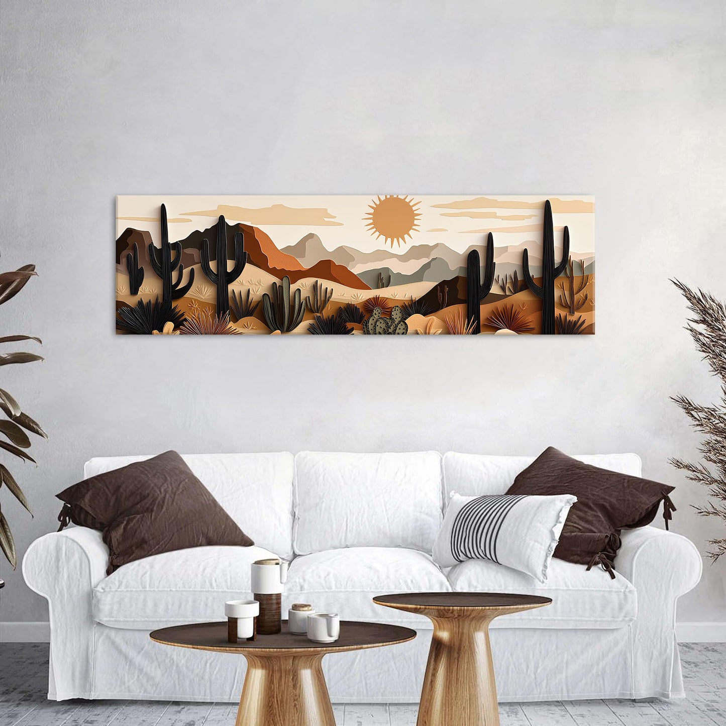Boho Cactus Wall Art Mid Century Modern Wall Decor for Living Room Beige Geometric Minimalist Picture Abstract Mexican Desert Botanical Mountain Sun Painting Artwork Bedroom Home Decorations 14x48"