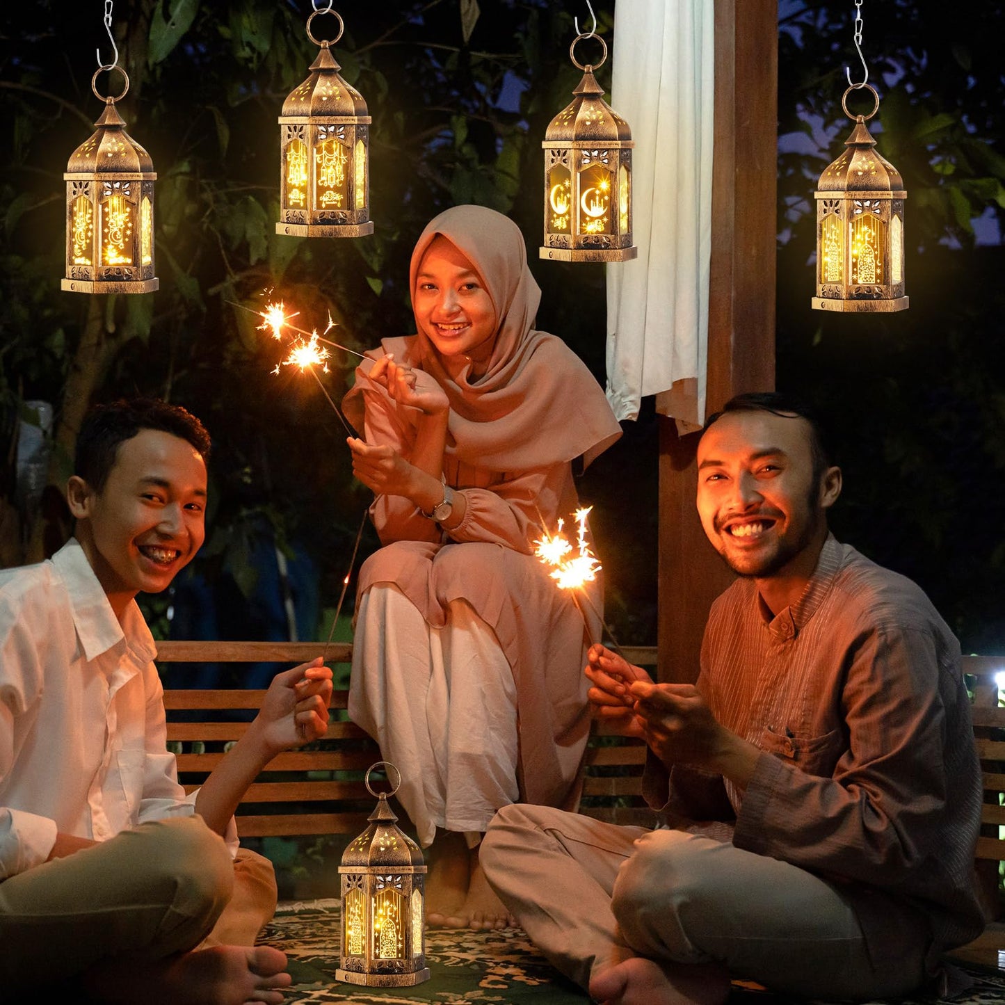 Retisee 4 Pcs 7" Ramadan Large Eid Mubarak Lantern Moon Star Hanging LED Lantern for Home Patio Table Wedding Centerpiece Festival Decoration (4 Styles,Bronze Gold)
