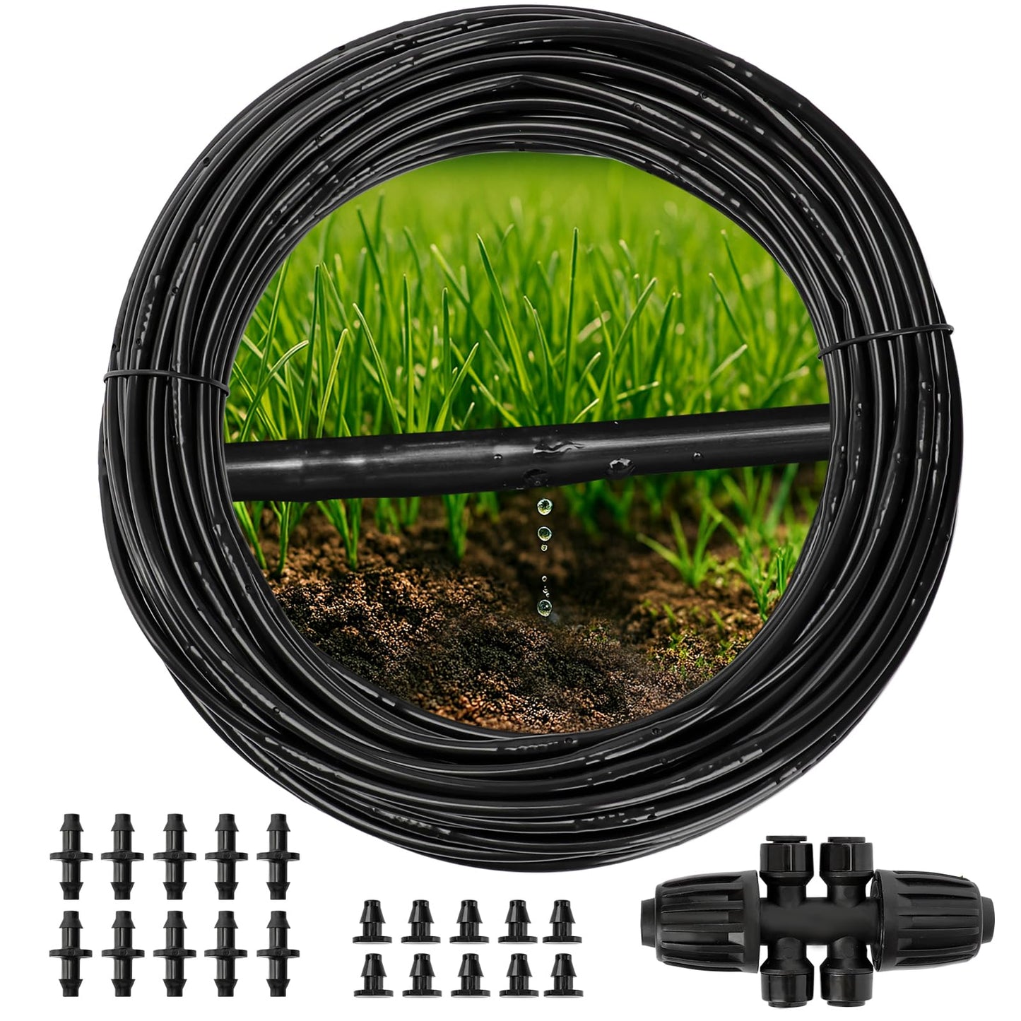 MIXC 1/4" Irrigation Dripline Tubing (100 Ft Roll), Saving 80% Water, 6" Emitter Spacing, 0.5 GPH Emitters Built-In Drip Irrigation Line with 1/4" Fittings Included, Black