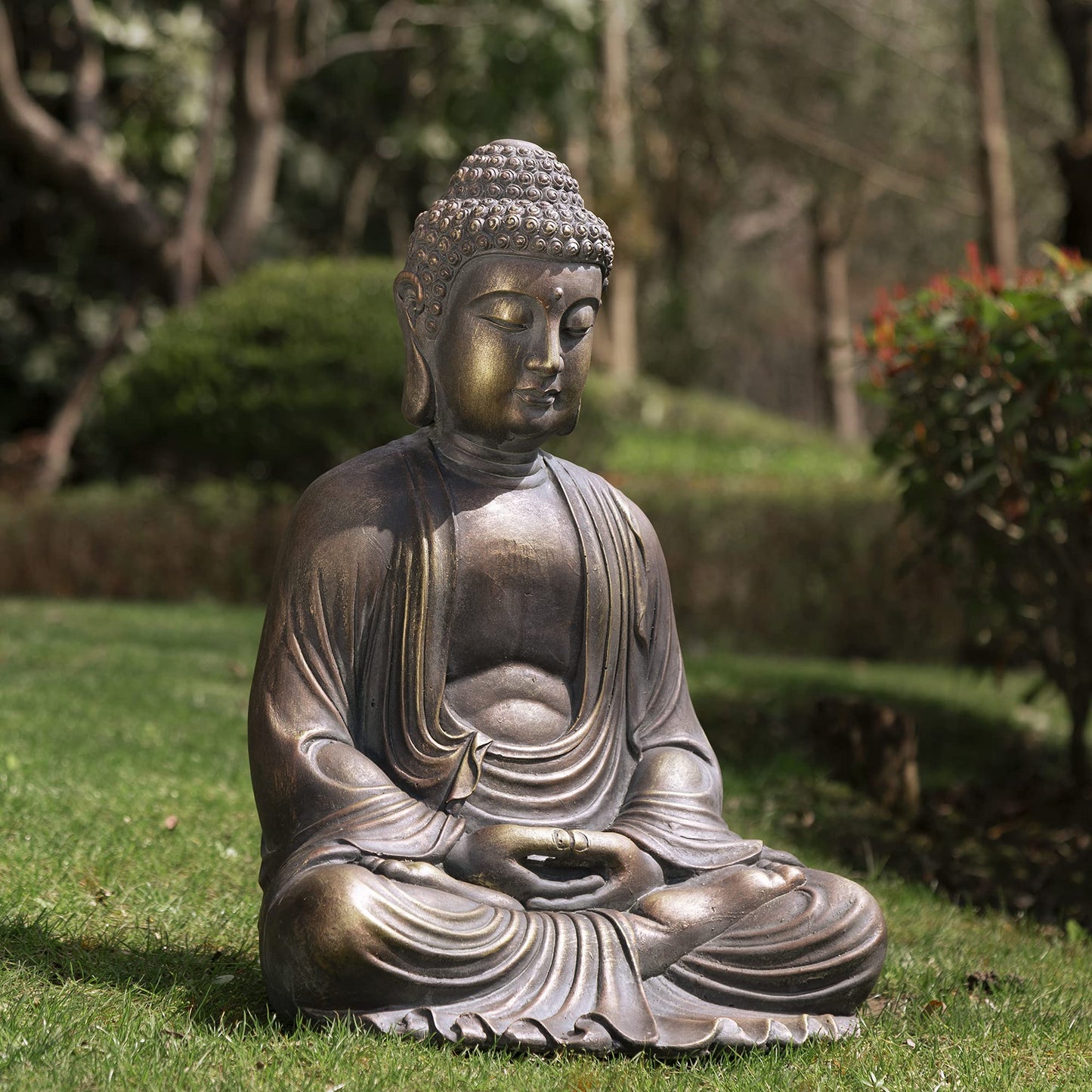 Glitzhome 22.75-inch Zen Meditation Buddha Garden Statue, Bronze Large Indoor and Outdoor Sculpture, Hand-Finished MGO & Fiberglass Decor for Home Patio Yard