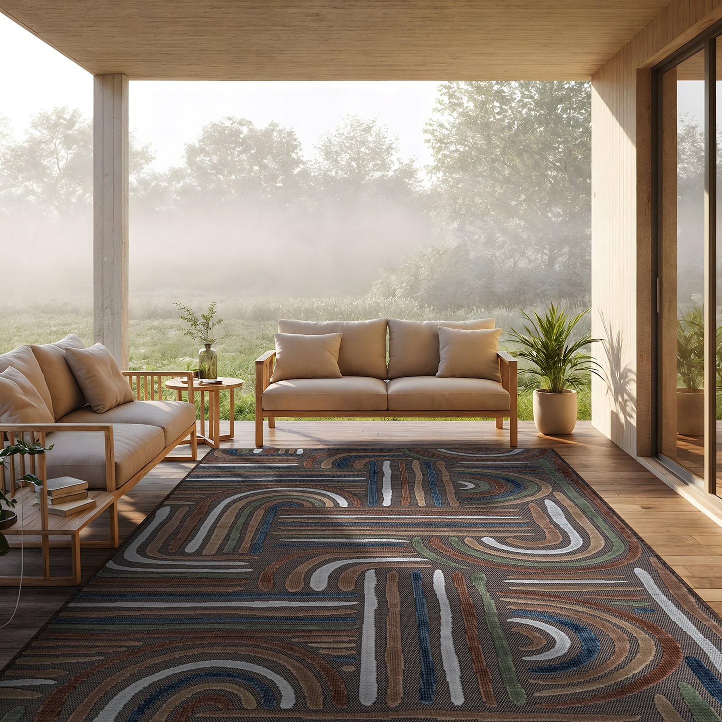 CAMILSON Indoor Outdoor Rug, Brown 9x12 Geometric Arch Striped Large Area Rugs for Patio and Home Areas, Easy-Cleaning Non-Shedding Living Room, Garden and Deck Washable Outside Carpet (9 x 12)
