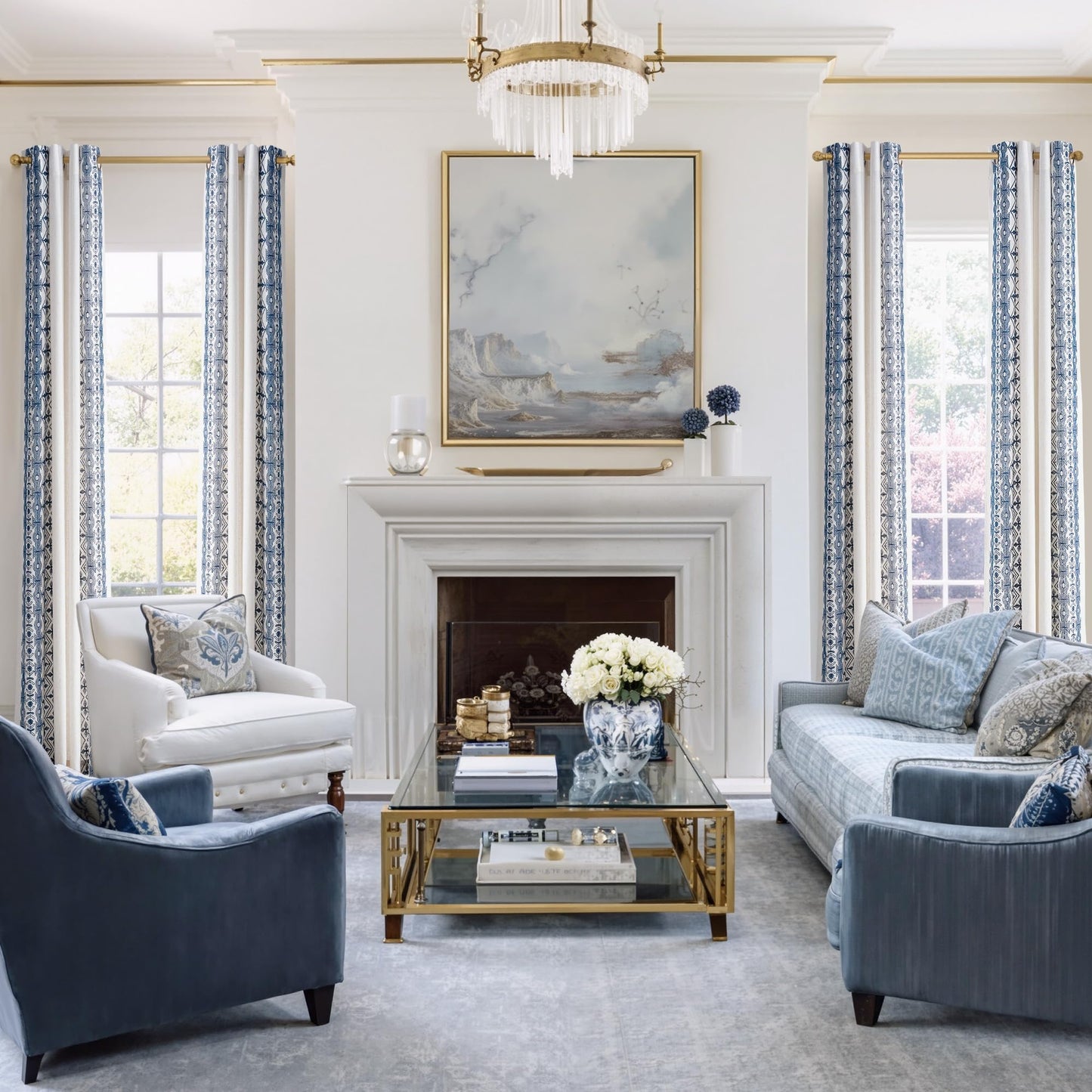 NICETOWN Boho Curtains with Navy Blue Trim 84" Long 2 Panels, Embroidered Cream Linen Textured Geometric Drapes with Antique Bronze Grommets, Light Filtering Window Treatment for Living Room & Nursery
