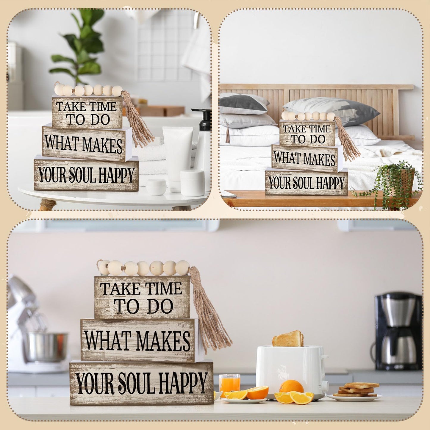 Yuntau 4 Pcs Farmhouse Tabletop Decoration Inspirational Farmhouse Tiered Tray Decor Rustic Retro Wood Bead Garland Take Time to Do What Makes Your Soul Happy Block Centerpiece Sign for Home Shelf