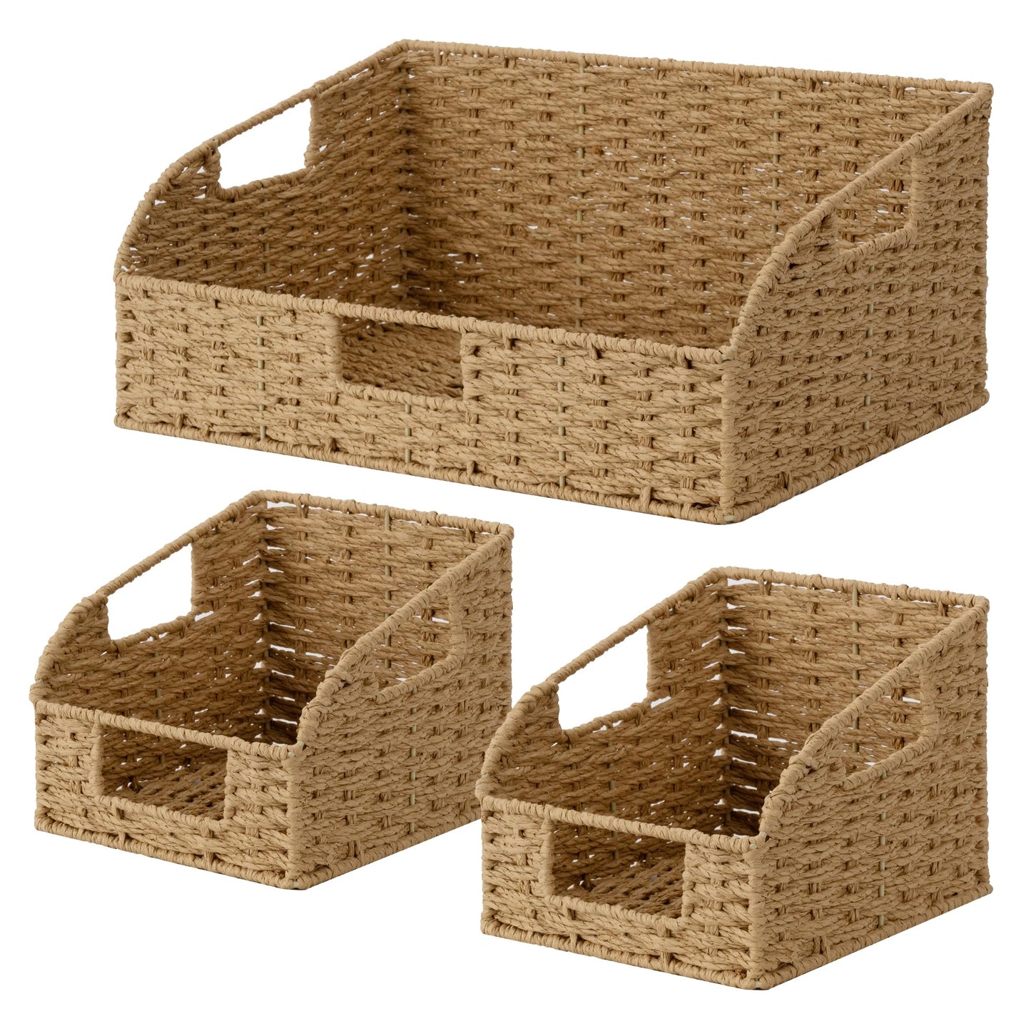 StorageWorks Paper Rope Pantry Storage Baskets, Wicker Baskets with Built-in Handles, Handwoven Shelf Baskets for Organizing, Pantry Organizers and Storage, Natural, 3 Pack