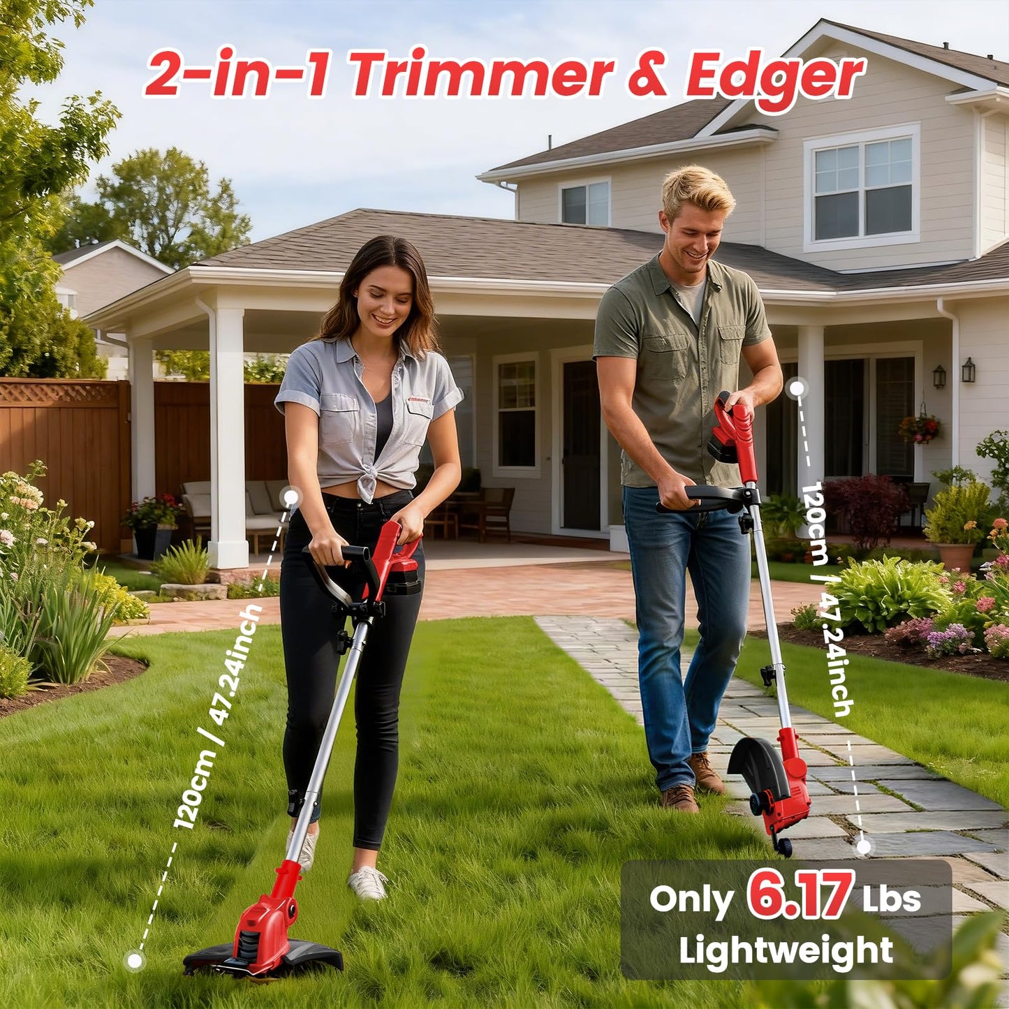 ALSO GO 21V Cordless String Trimmer, 2 * 2.5Ah Battery with Fast Charger, 12'' Weed Wacker with Auto Line Feed, 2-in-1 Weed Eater Battery Powered & Edger Lawn Tool with 10 Lines for Yard & Garden