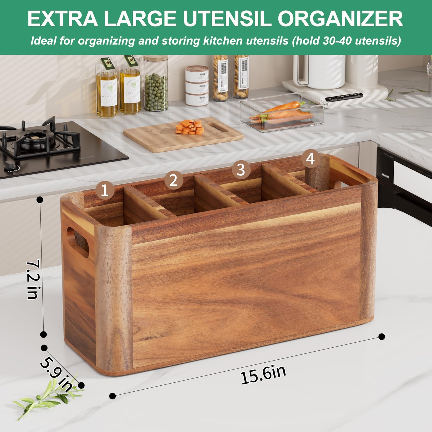 ZUJJAFY Utensil Holder, Extra Large Kitchen Utensil Holder for Counter with 4 Compartments, Wooden Kitchen Utensils Organizer for Countertop Cooking Spatula Storage, Acacia Wood