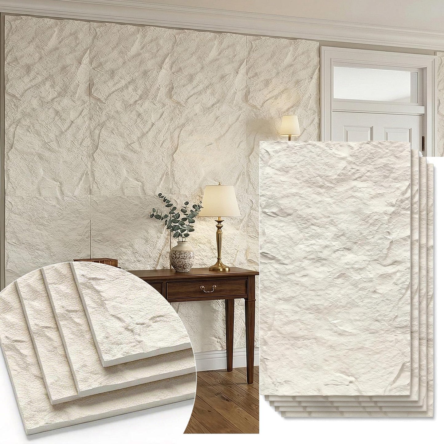 VooBang 4 Pack 3D Wall Panels, Lava Rock Molten Texture PU Wall Panels, 24"x48" Cover 32 Sq Ft Peel and Stick Wall Tiles, Accent Wall Decor for Interior Living Room Bedroom Hotel Office, White Marble