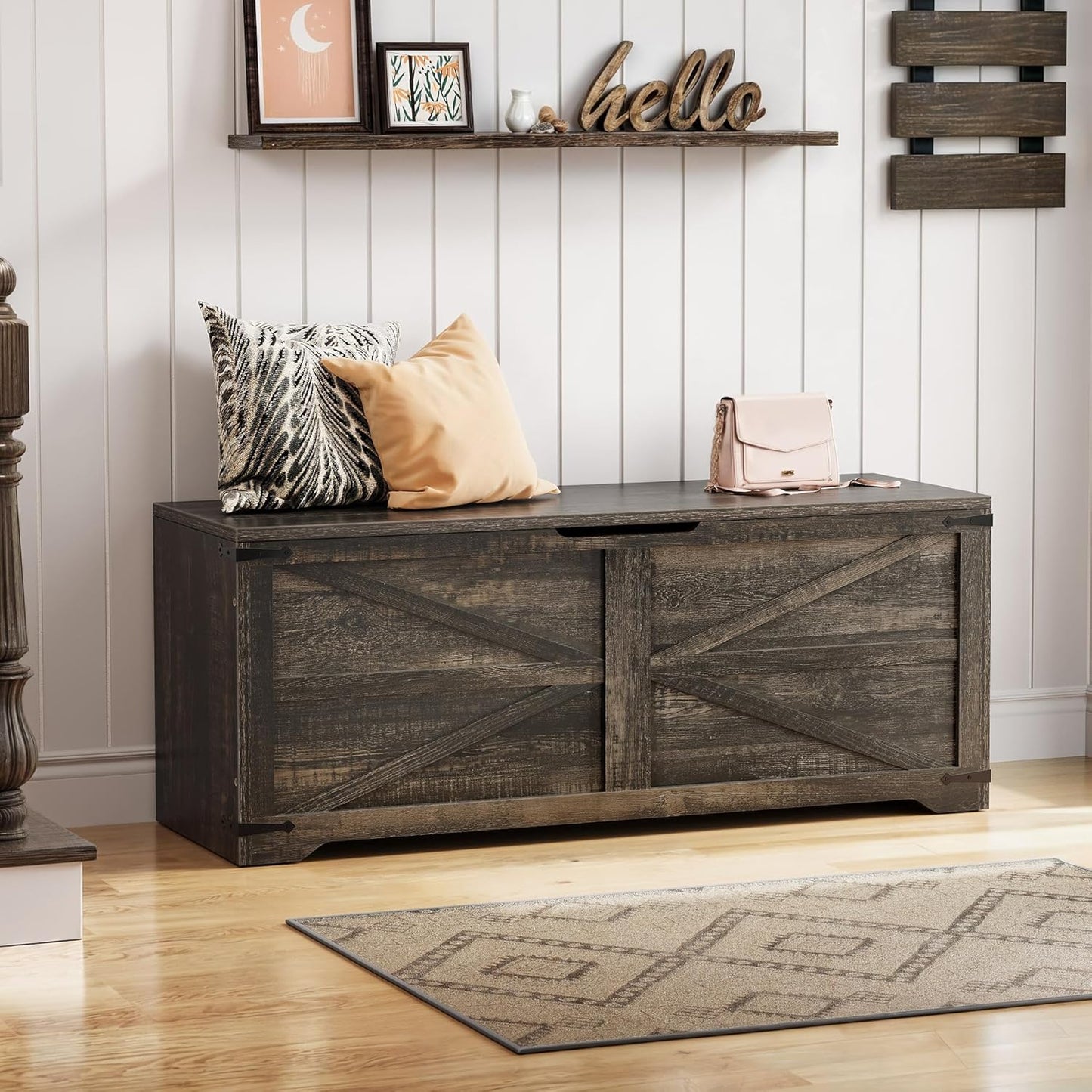 DWVO Wooden Storage Bench, Farmhouse Storage Chest with Safety Hinges, Entryway Shoe Organizer, Multi-Use Storage for Living Room/Bedroom, 47.2" L, Dark Rustic Oak