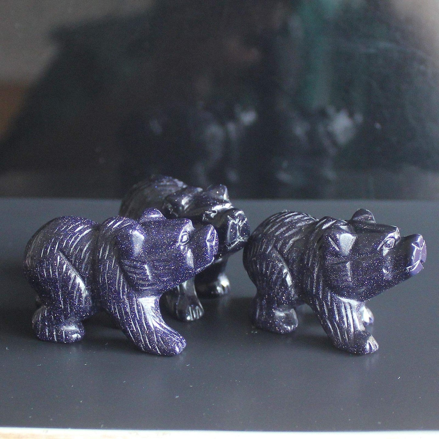 HLbshi Hand Carved Gemstone Crystal Bear Figurine Animal Statue Carving Office Home Decor Collections 2'' (Blue Goldstone)