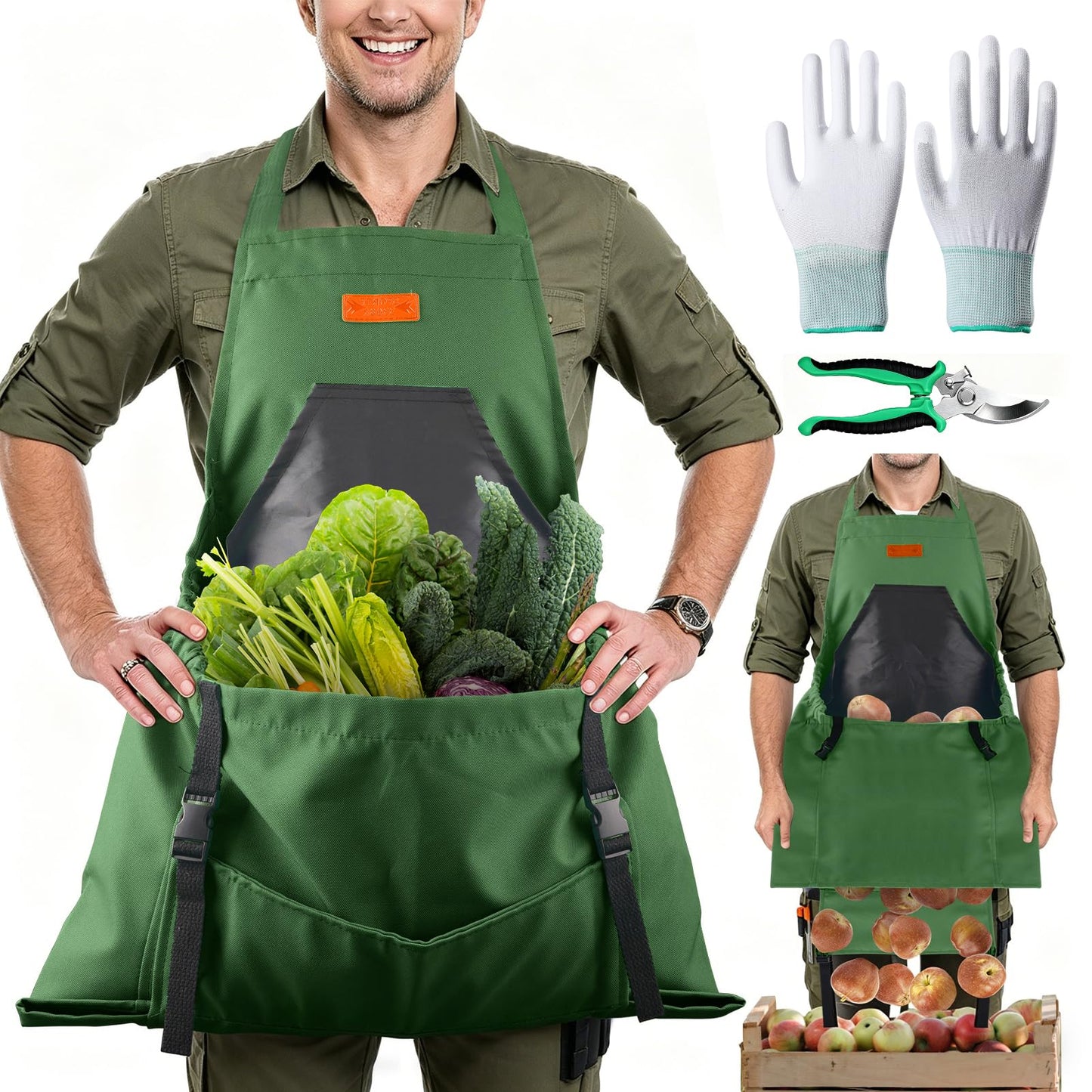 LIBKUR 3Pcs Gardening Apron Kit, Waterproof Harvest Apron with Multi-Pocket & Adjustable Cross Strap, Pruning Shears & Non-Slip Gloves for Harvesting & Gardening for Men Women(Army Green)