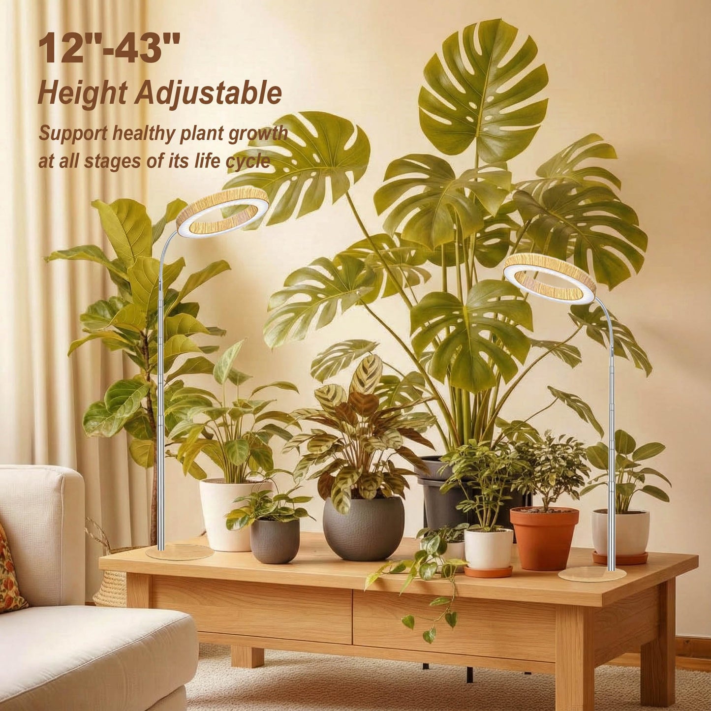Grow Light for Indoor Plants Full Spectrum, Desk LED Plant Light with Faux Wood Grain, 12"-43" Height Adjustable, Auto On/Off Timer 3/9/12H, 3 Modes 10 Dimmable Levels for Succulents (2, Wood Grain)