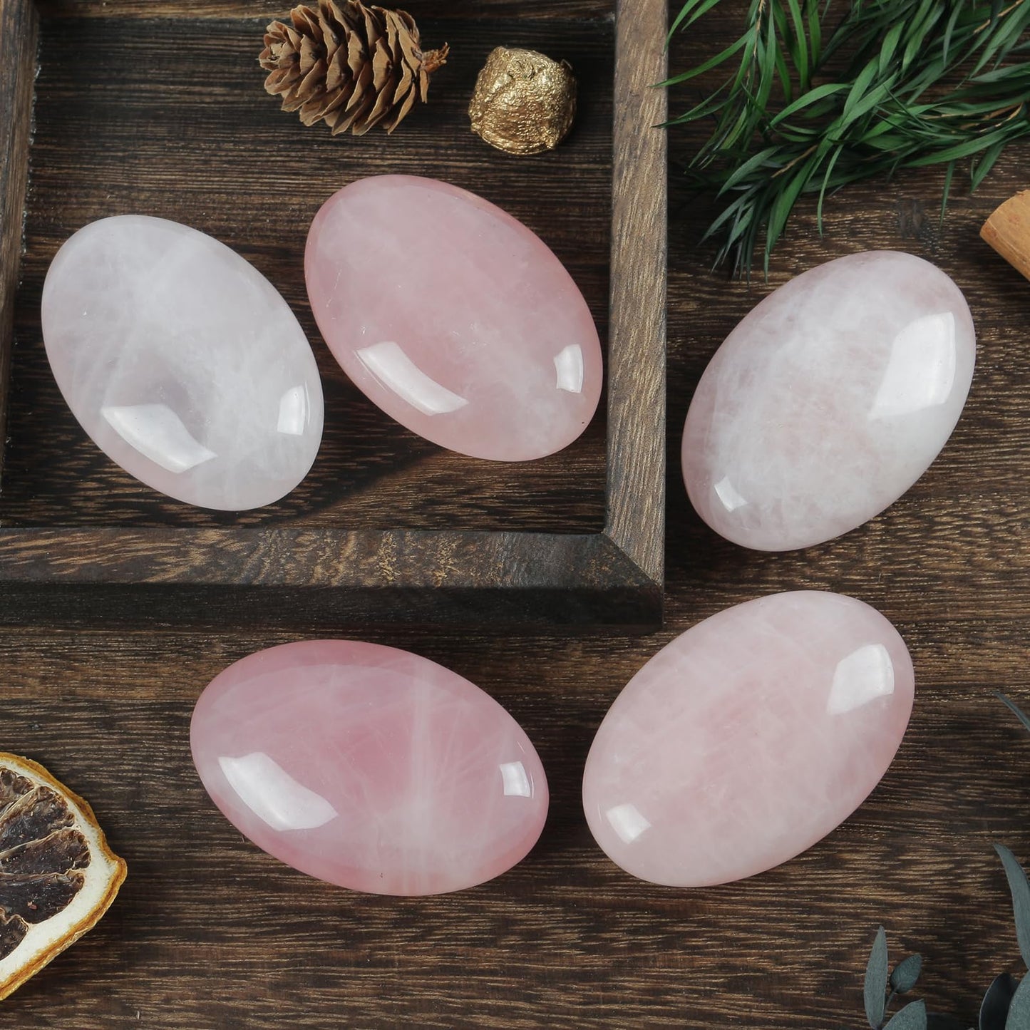 Loveliome Natural Rose Quartz Oval Polished Worry Stones, Healing Crystal Indoor Fountain Stones Massage Energy Anxiety Relief Items