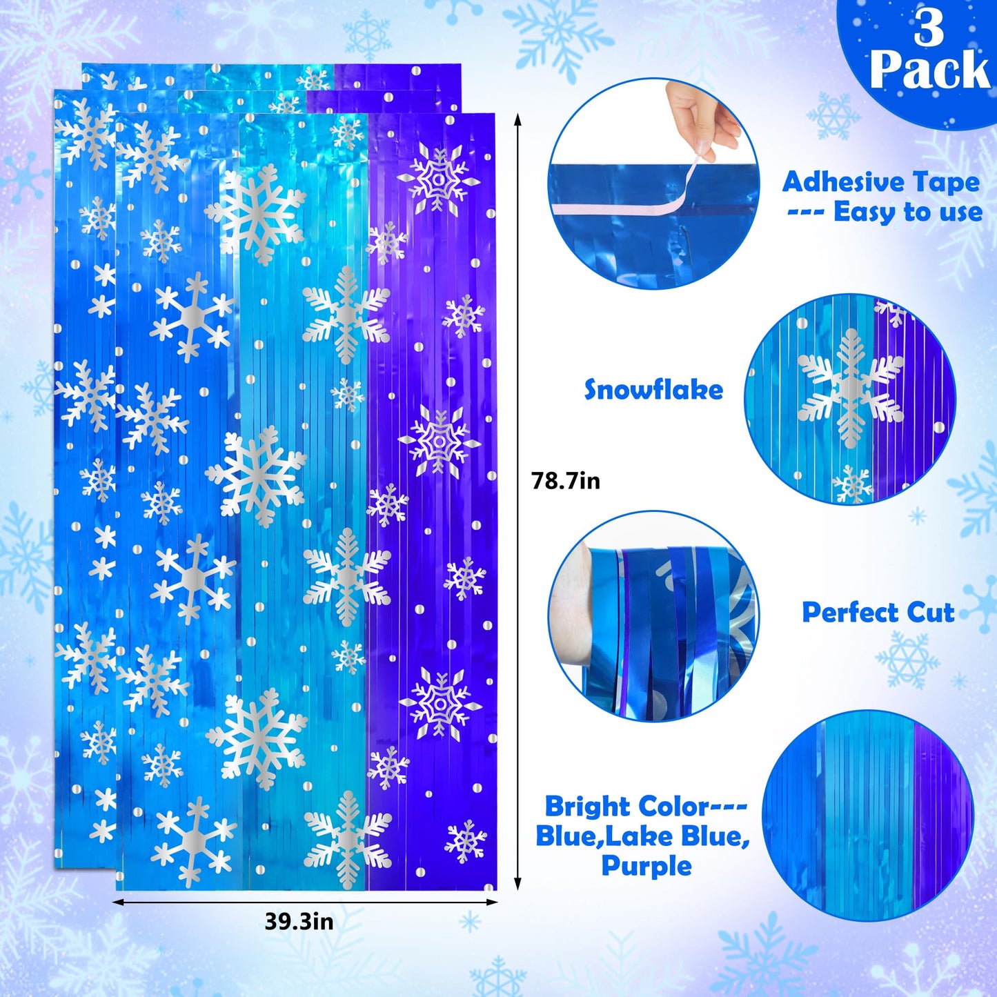 3 Pack Birthday Party Decorations Snowflake Tinsel Foil Fringe Curtains for Kids Frozen Birthday Backdrop Winter Christmas Holidays Photo Booth Prop Backdrop Streamer 3.3x6.6ft