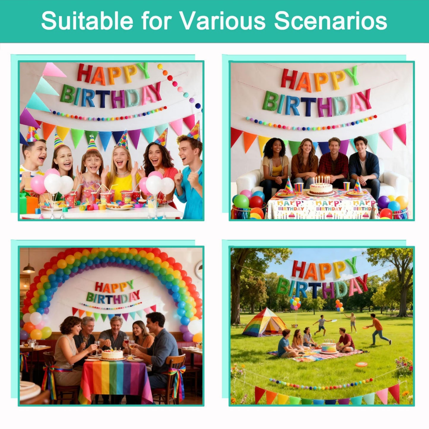 6.3 Inch Large Felt Happy Birthday Banner - Pre-Strung Rainbow Fabric Garland, Reusable Happy Birthday Sign for All Ages Party Decorations (Rainbow)